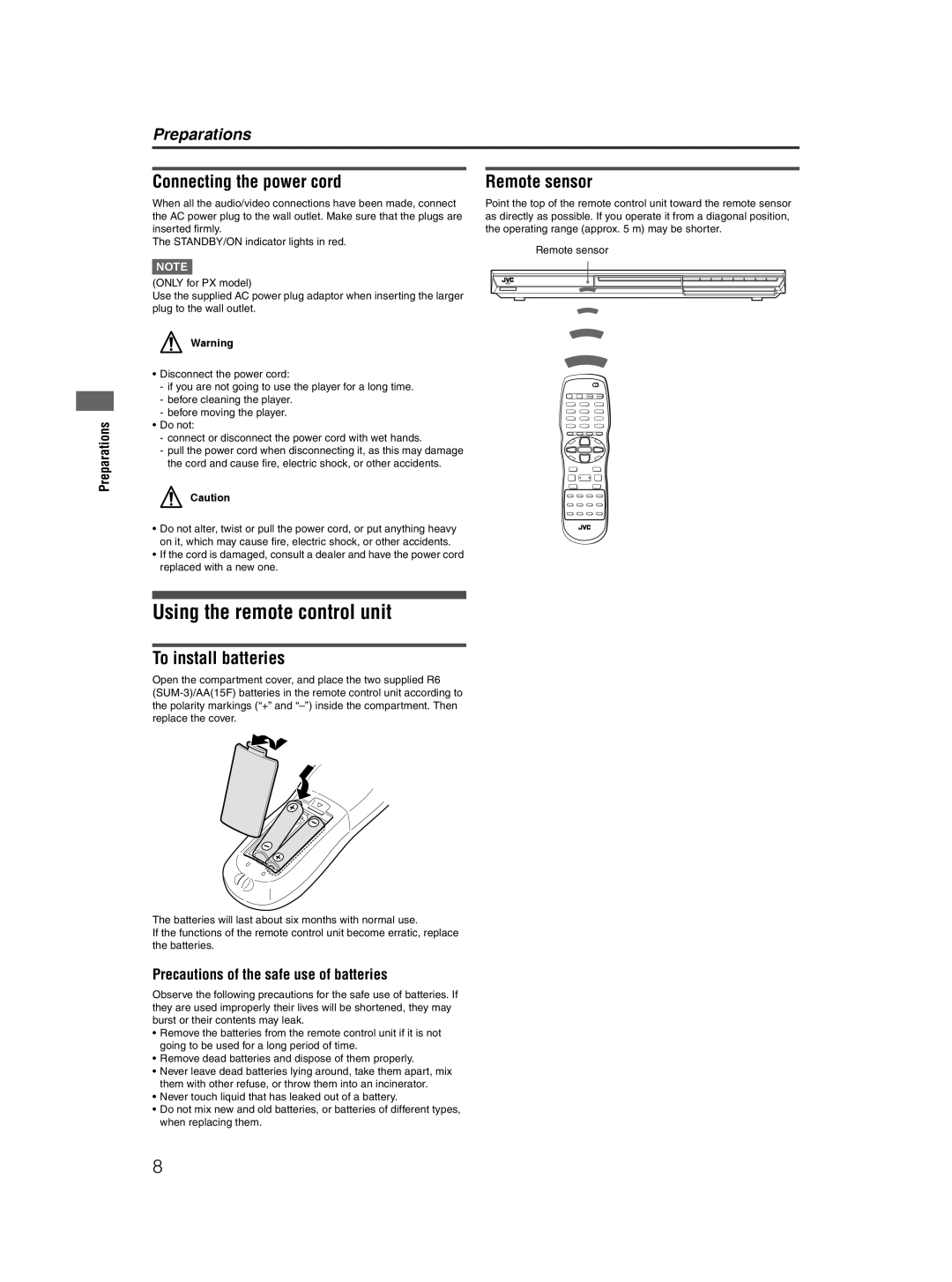 JVC XV-NP10S manual Using the remote control unit, Connecting the power cord, To install batteries, Remote sensor 