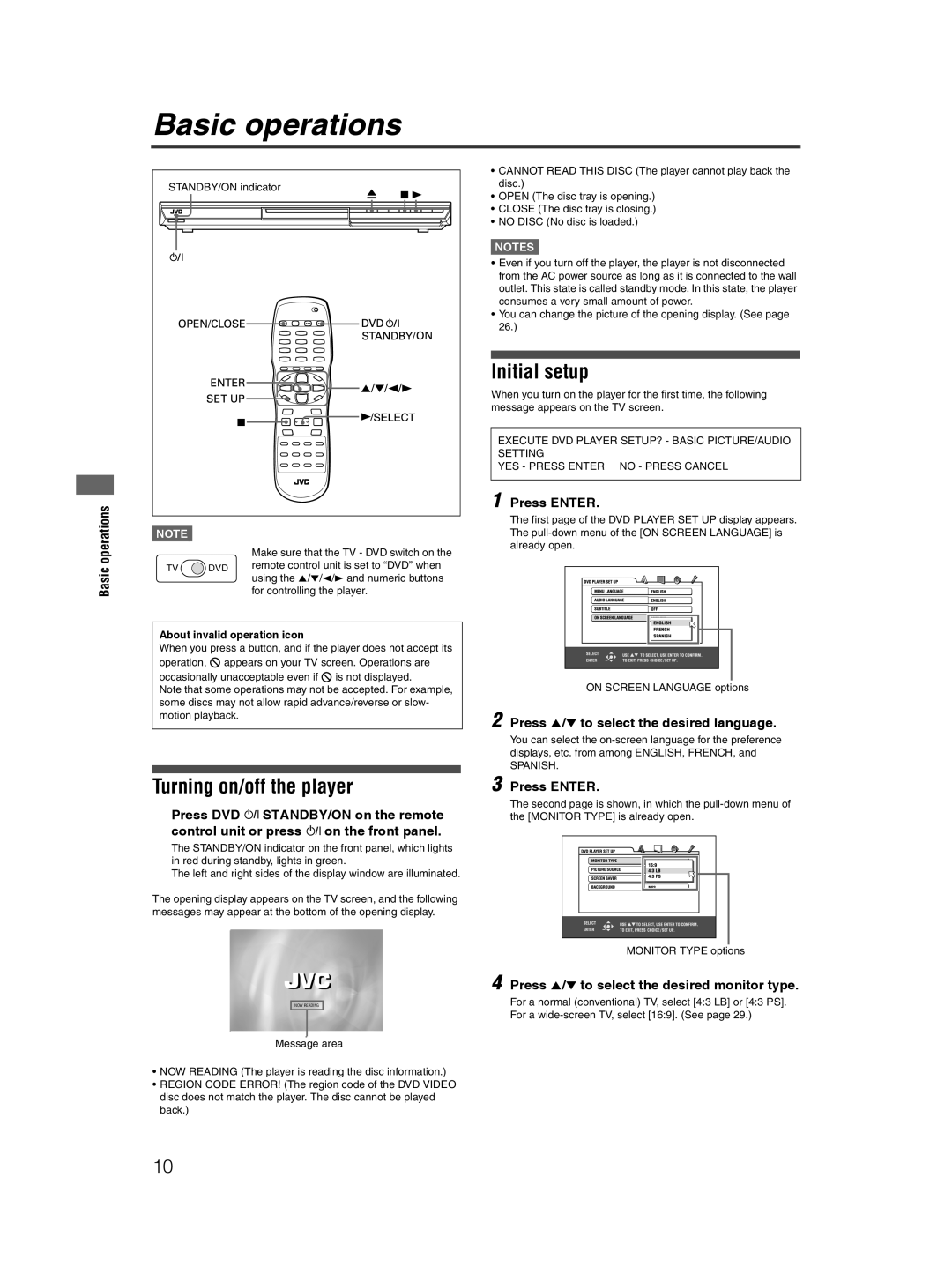 JVC XV-NP10S manual Basic operations, Initial setup, Turning on/off the player 