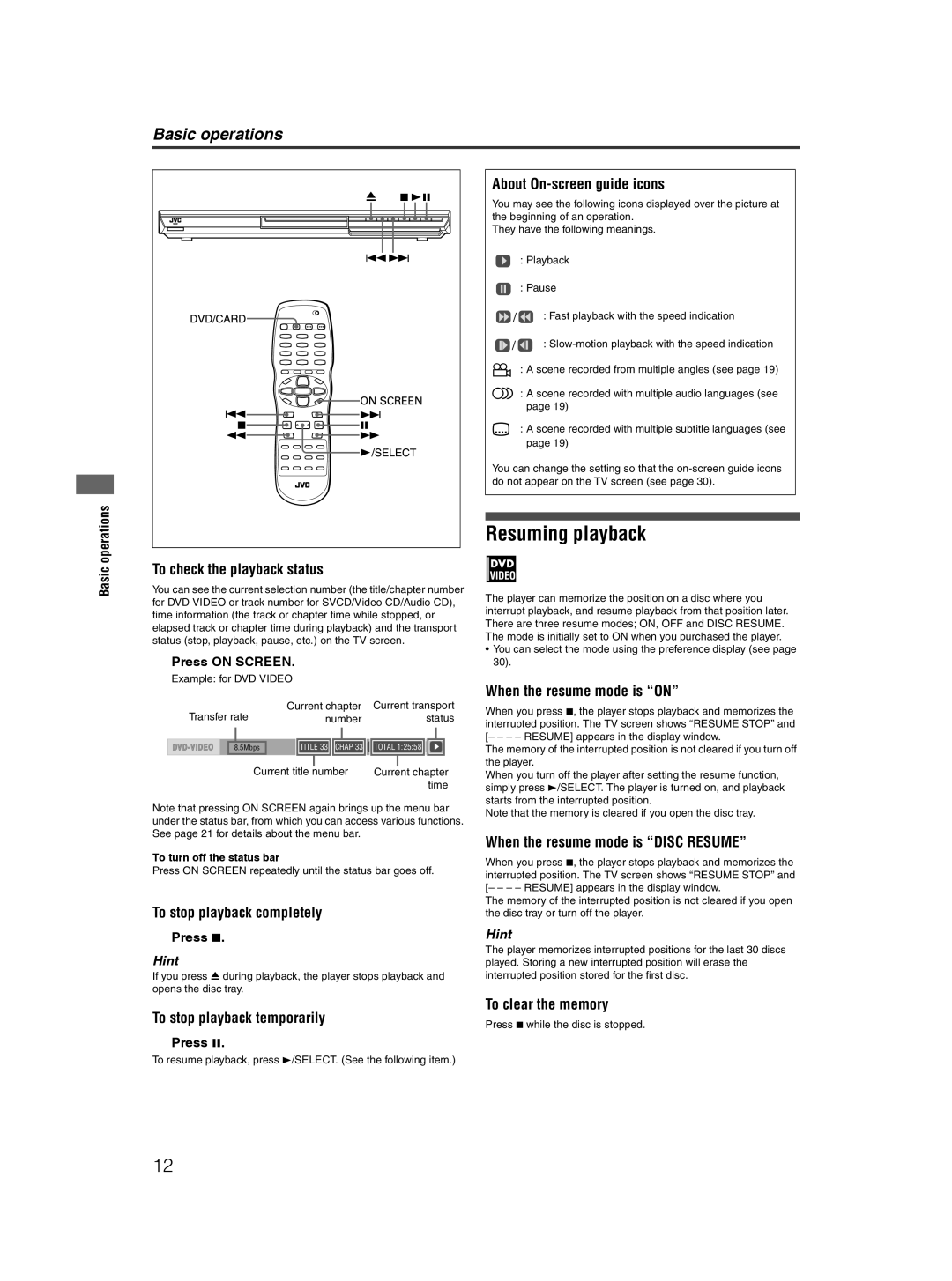 JVC XV-NP10S manual Resuming playback 