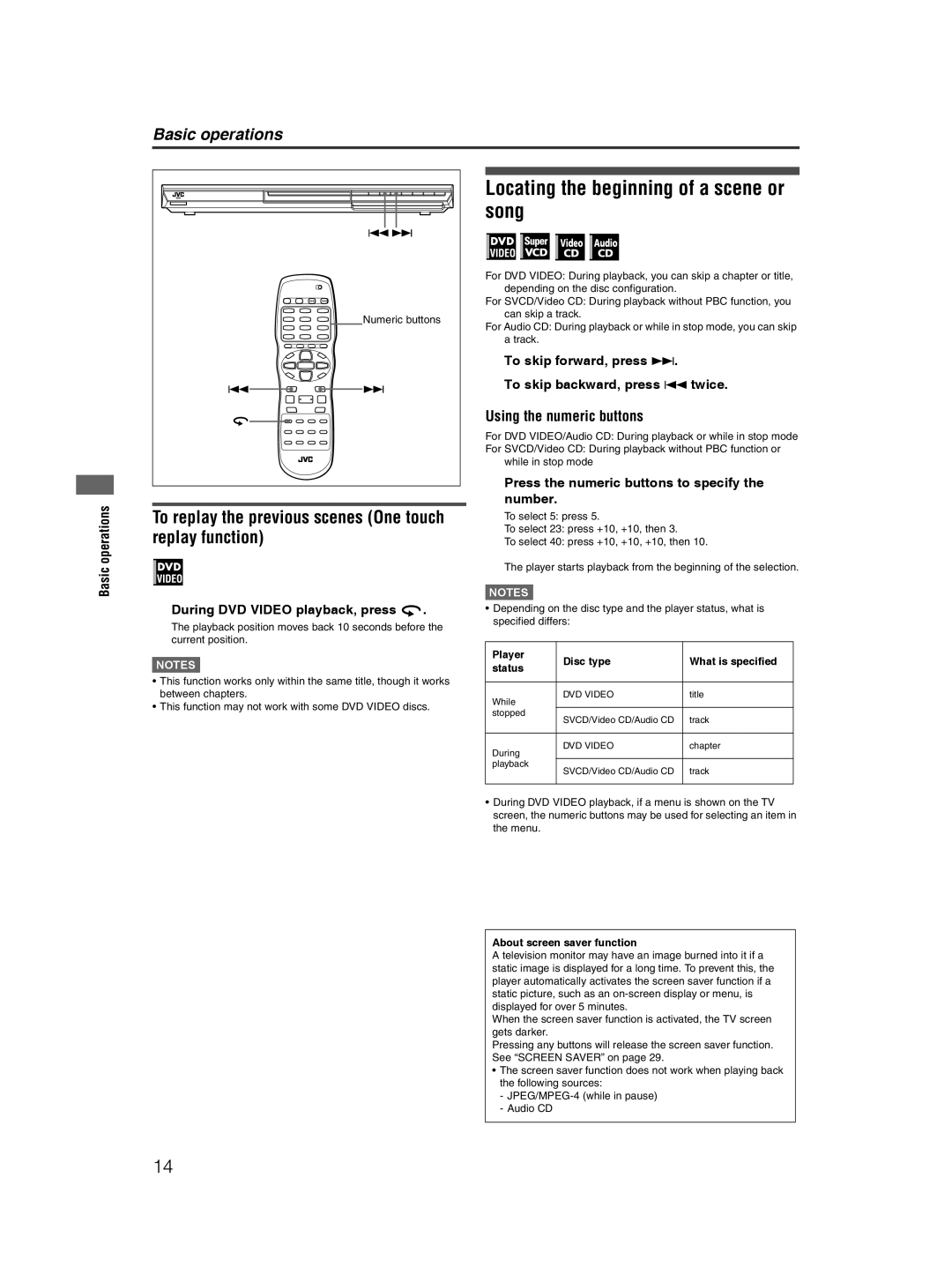 JVC XV-NP10S manual Locating the beginning of a scene or song, To replay the previous scenes One touch replay function 