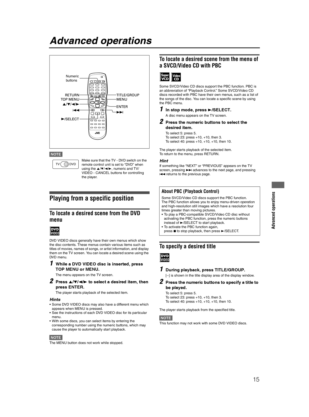 JVC XV-NP10S manual Advanced operations, Playing from a specific position, To locate a desired scene from the DVD menu 