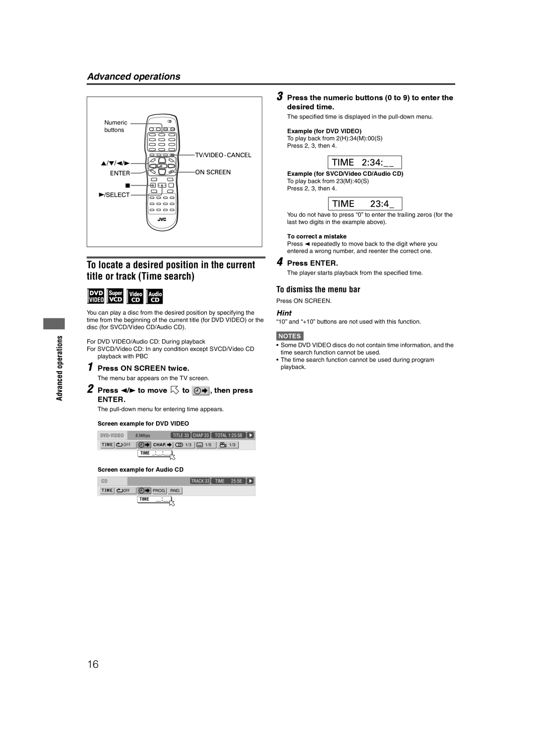 JVC XV-NP10S manual To dismiss the menu bar, Press the numeric buttons 0 to 9 to enter, Desired time, Press on Screen twice 