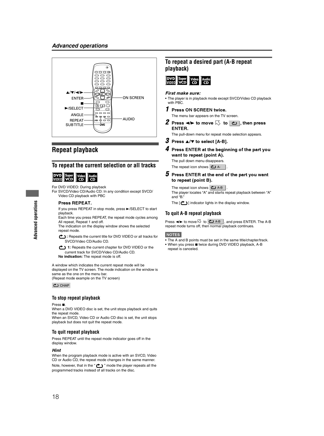 JVC XV-NP10S manual Repeat playback, To repeat a desired part A-B repeat playback, To stop repeat playback 