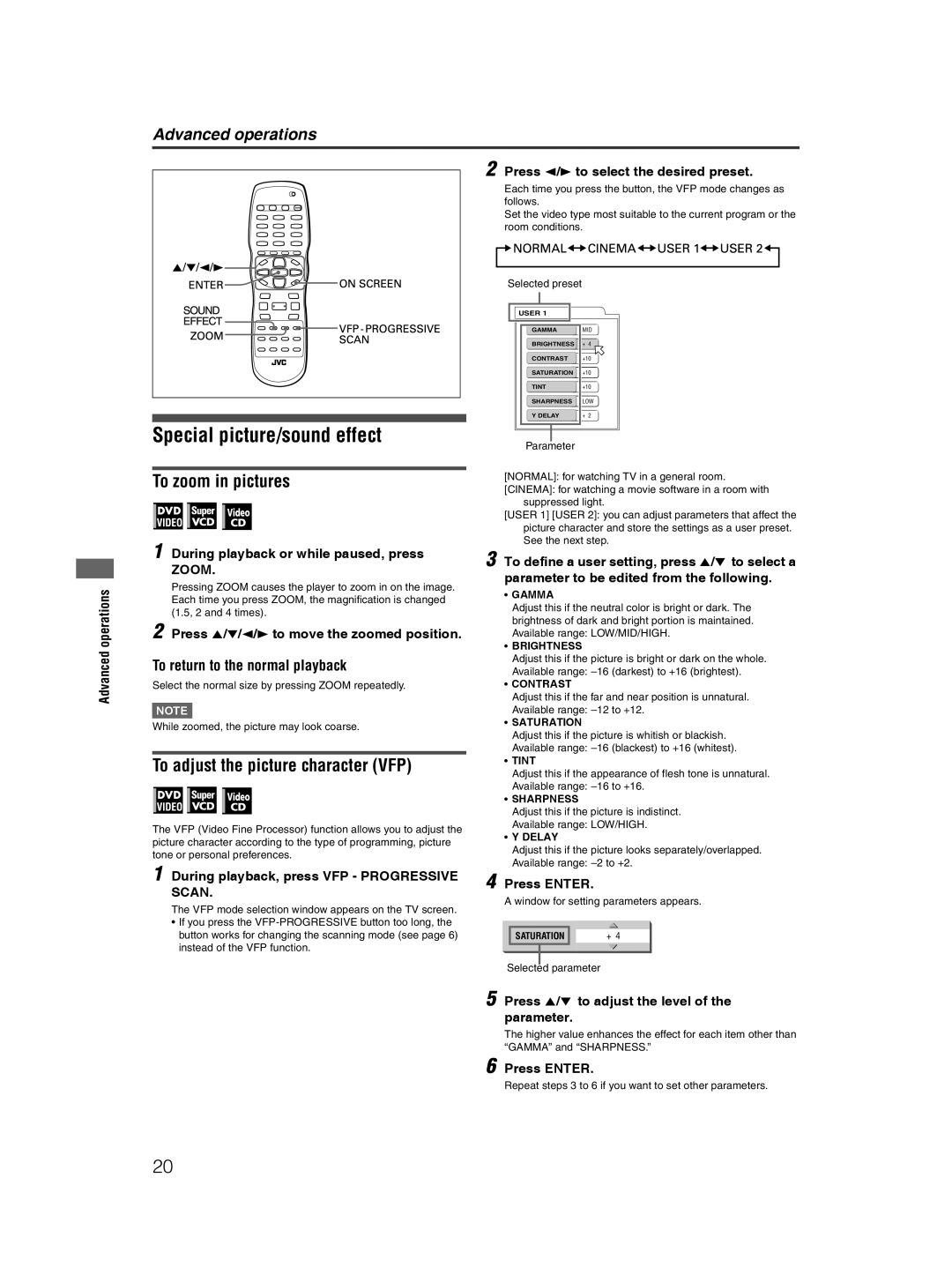 JVC XV-NP10S manual Special picture/sound effect, To zoom in pictures, To adjust the picture character VFP 