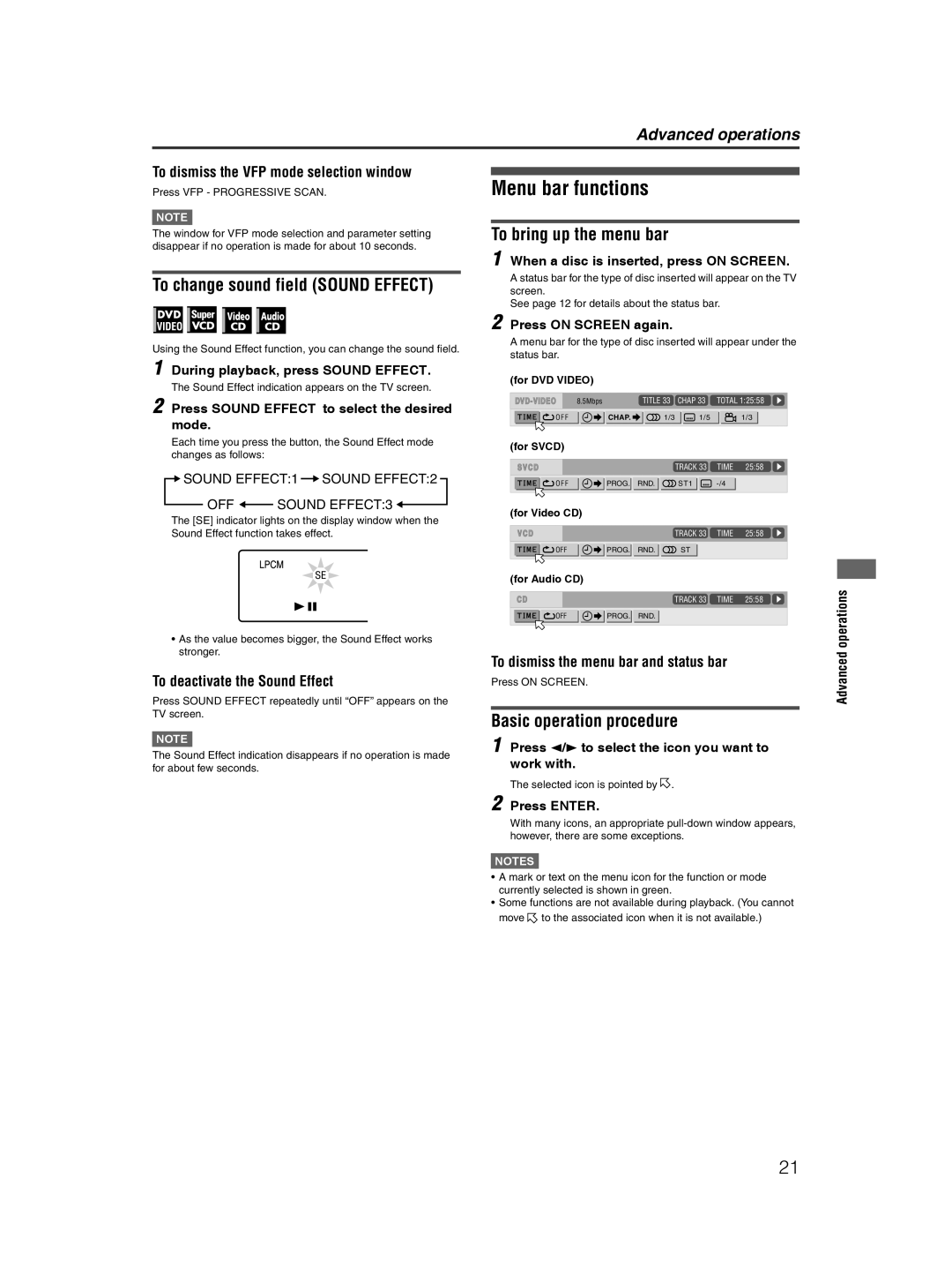 JVC XV-NP10S Menu bar functions, To change sound field Sound Effect, To bring up the menu bar, Basic operation procedure 