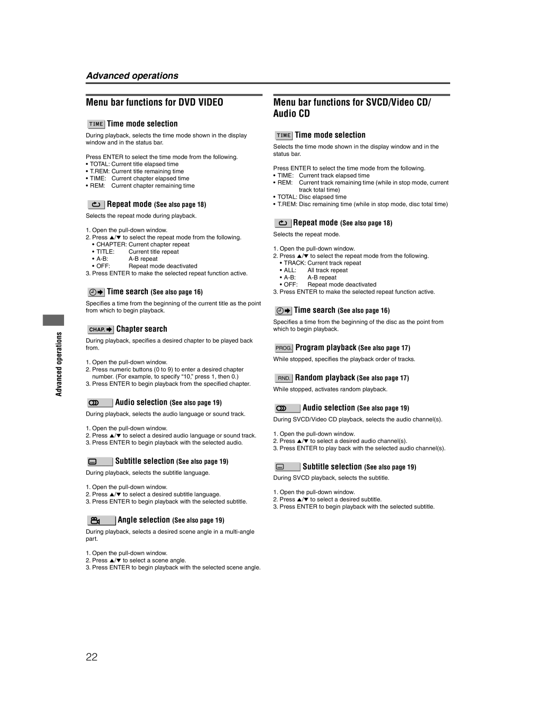 JVC XV-NP10S manual Menu bar functions for DVD Video, Menu bar functions for SVCD/Video CD/ Audio CD 