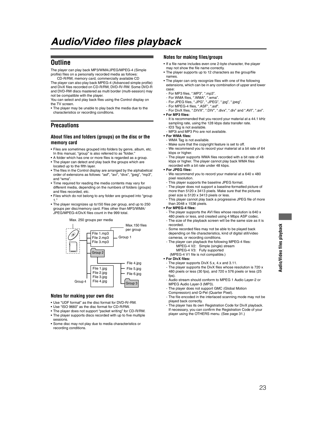 JVC XV-NP10S manual Audio/Video files playback, Outline, Precautions 