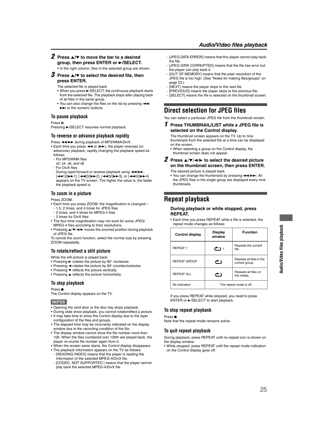 JVC XV-NP10S manual Direct selection for Jpeg files 