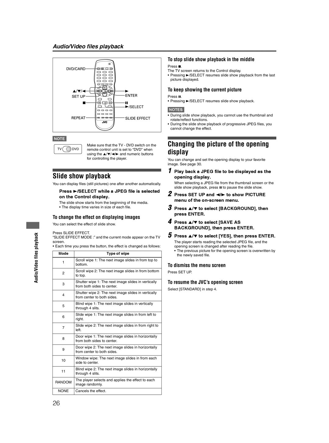 JVC XV-NP10S manual Slide show playback, To change the effect on displaying images, Mode Type of wipe 