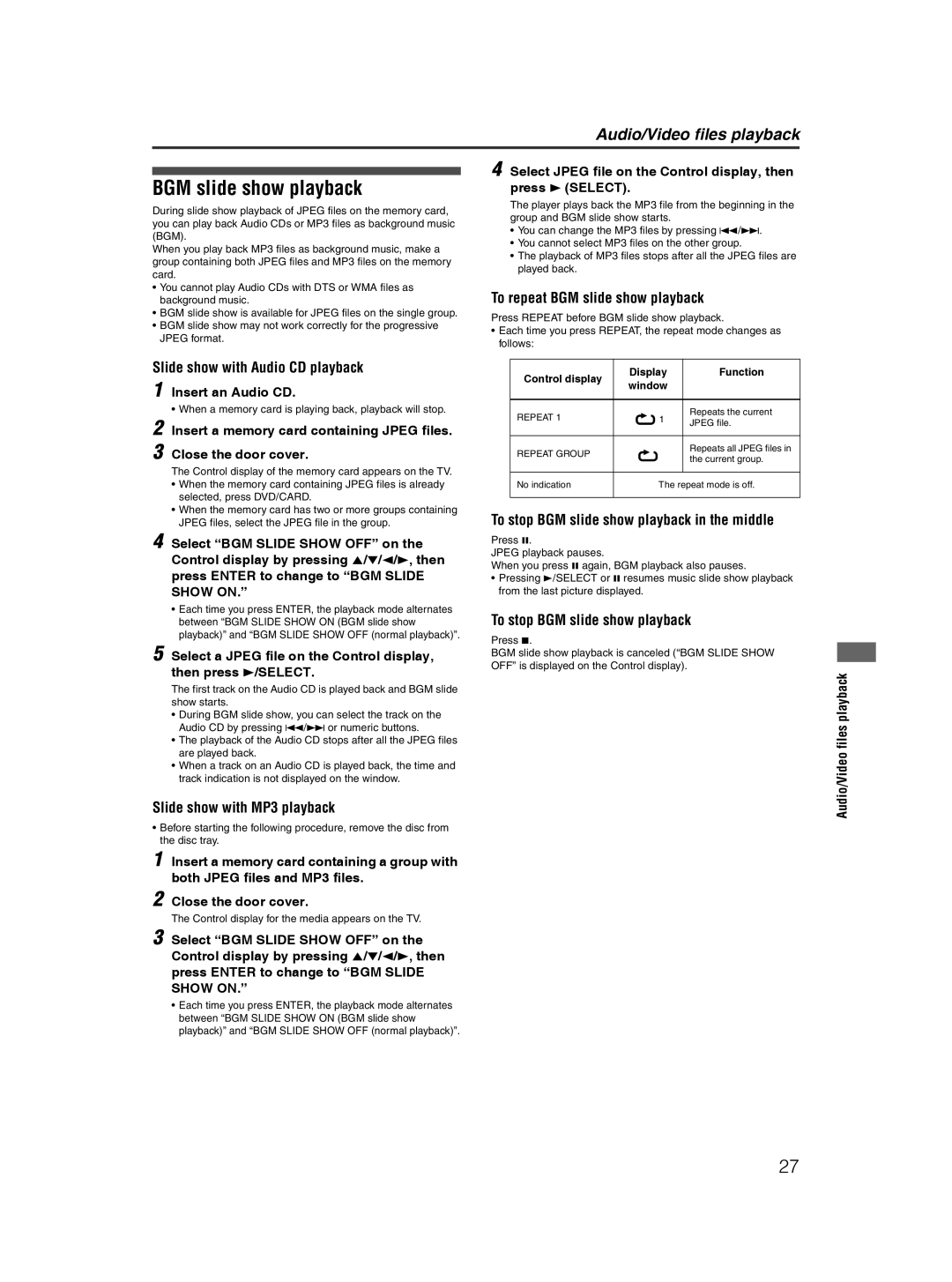 JVC XV-NP10S manual BGM slide show playback 