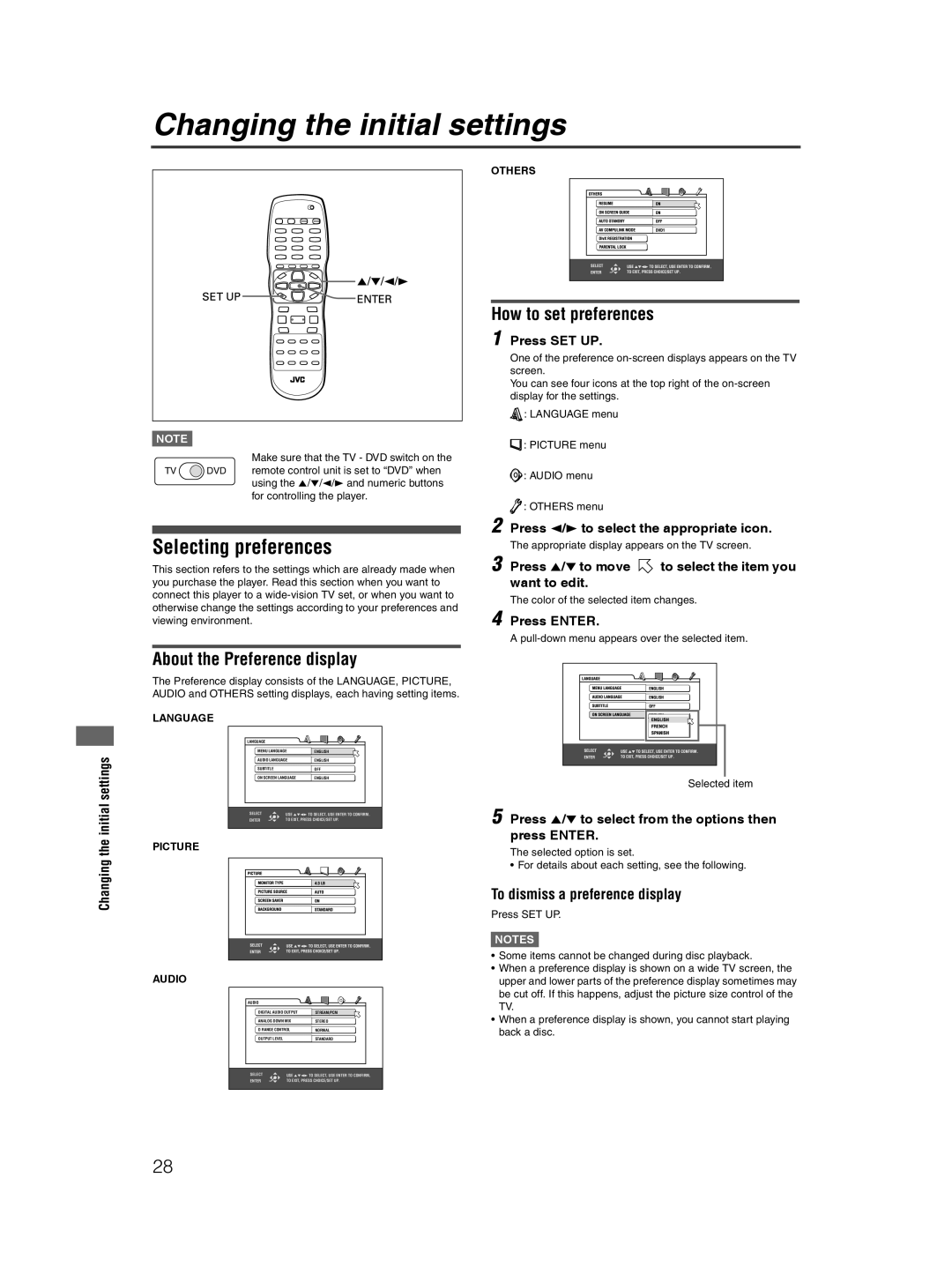 JVC XV-NP10S Changing the initial settings, Selecting preferences, How to set preferences, About the Preference display 