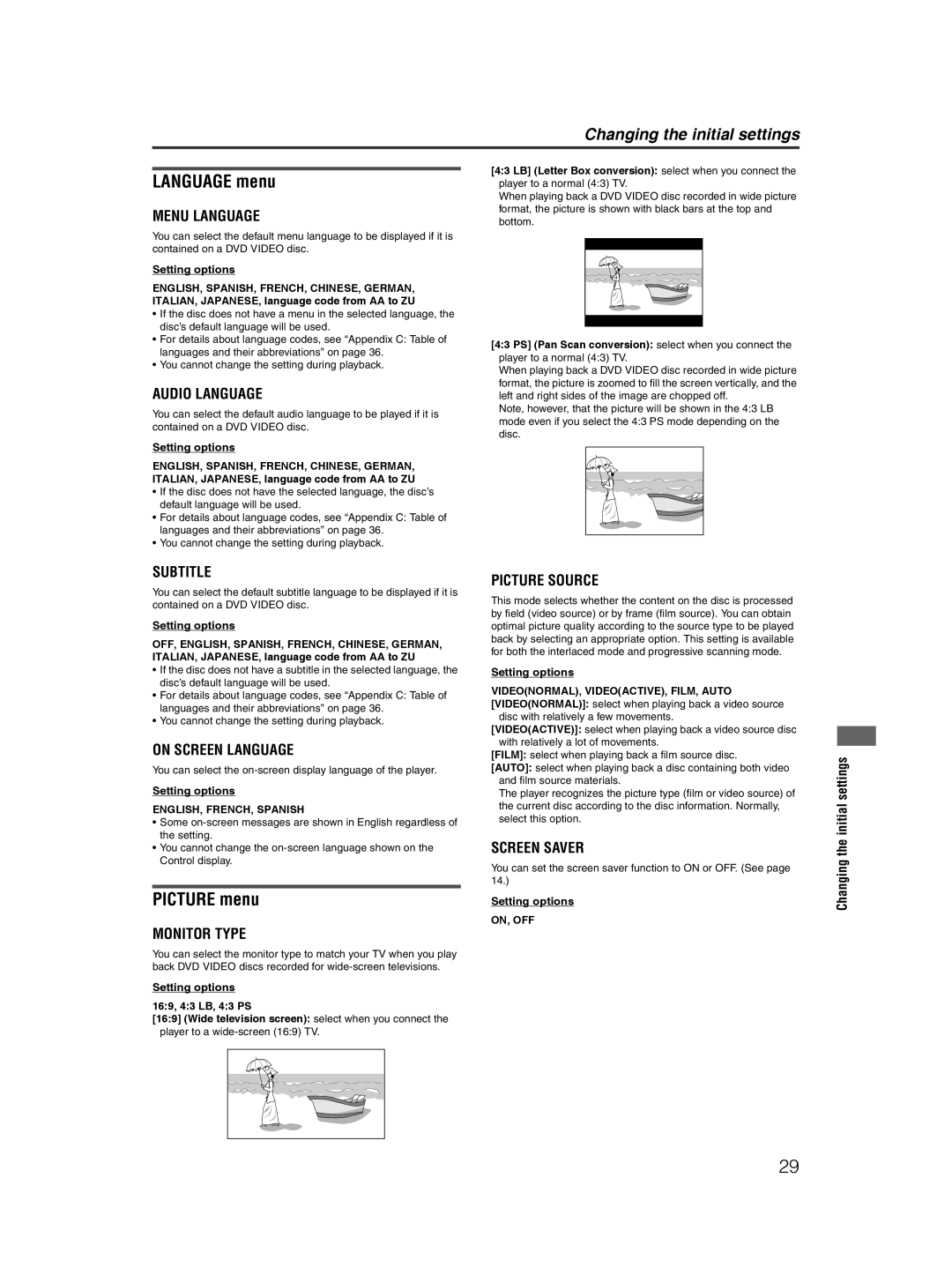 JVC XV-NP10S manual Language menu, Picture menu, ENGLISH, FRENCH, Spanish, On, Off 