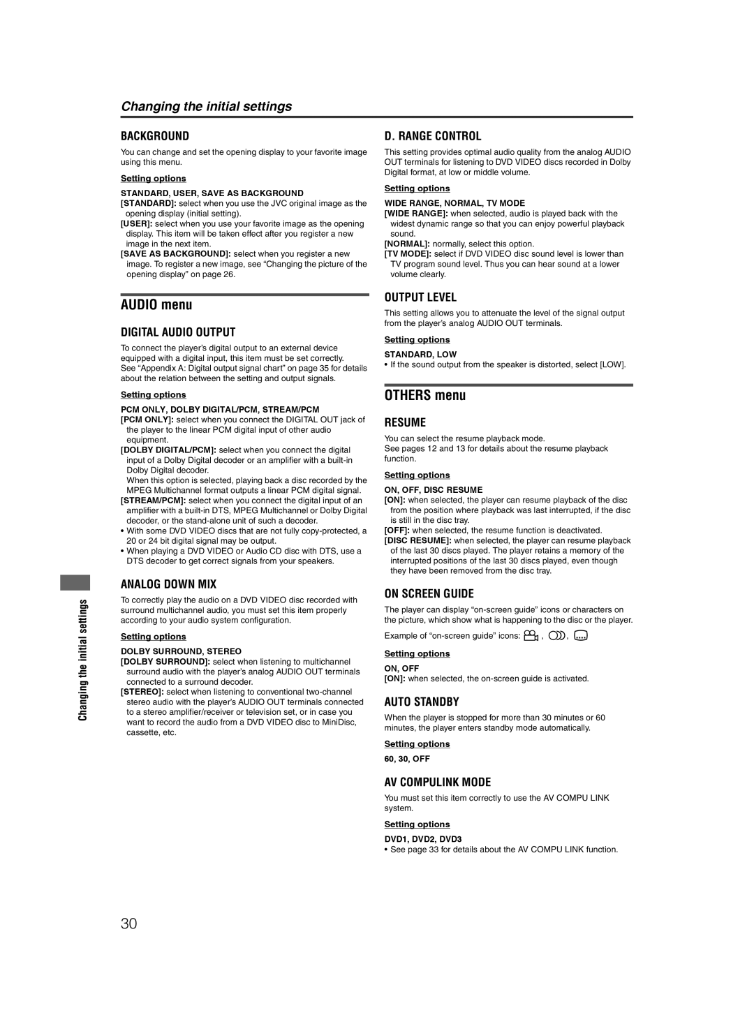 JVC XV-NP10S manual Audio menu, Others menu 