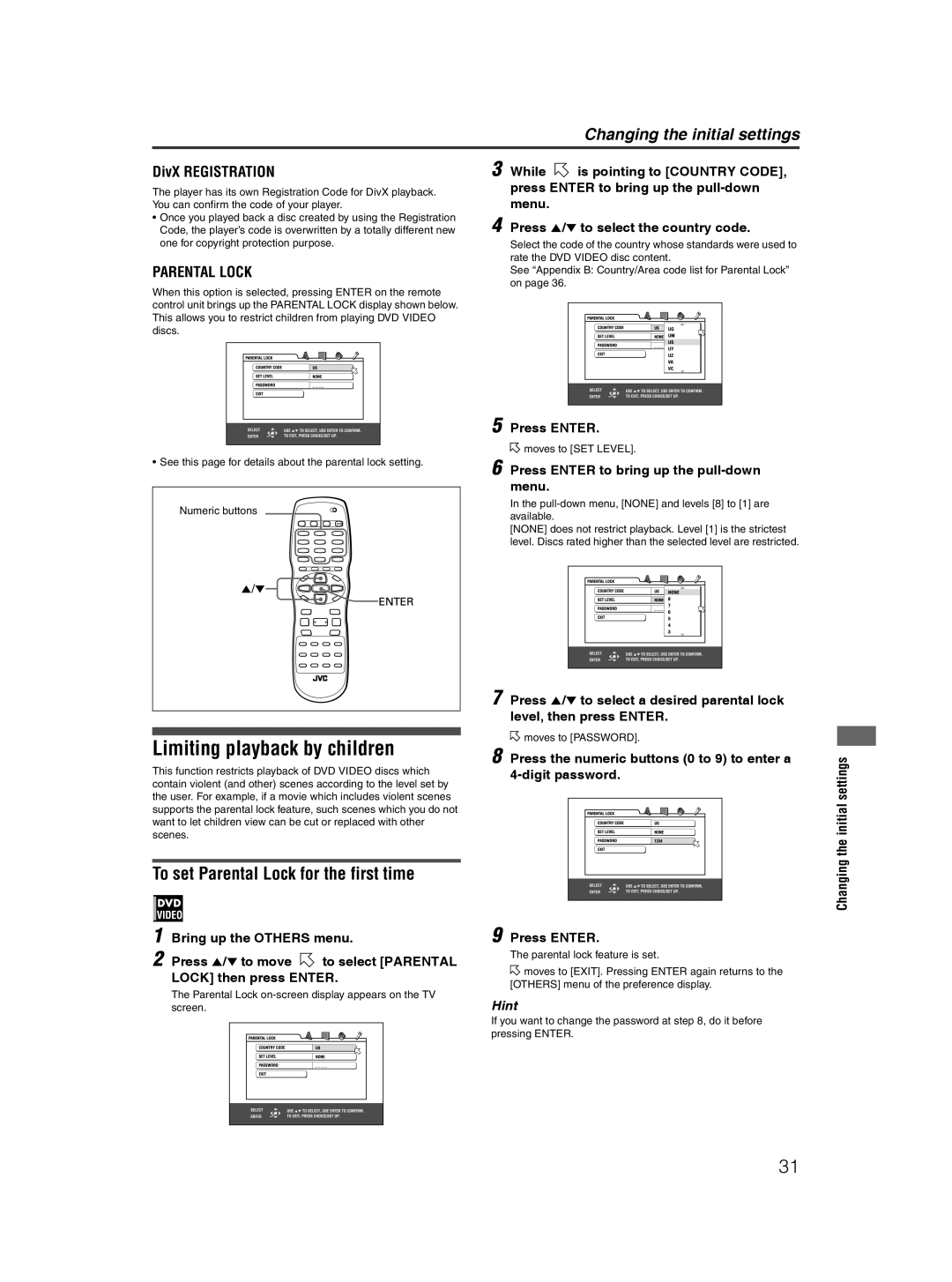 JVC XV-NP10S manual Limiting playback by children, To set Parental Lock for the first time, DivX Registration 