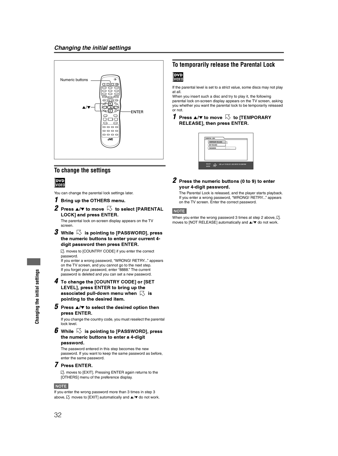 JVC XV-NP10S Press 5/∞ to move to Temporary RELEASE, then press Enter, You can change the parental lock settings later 