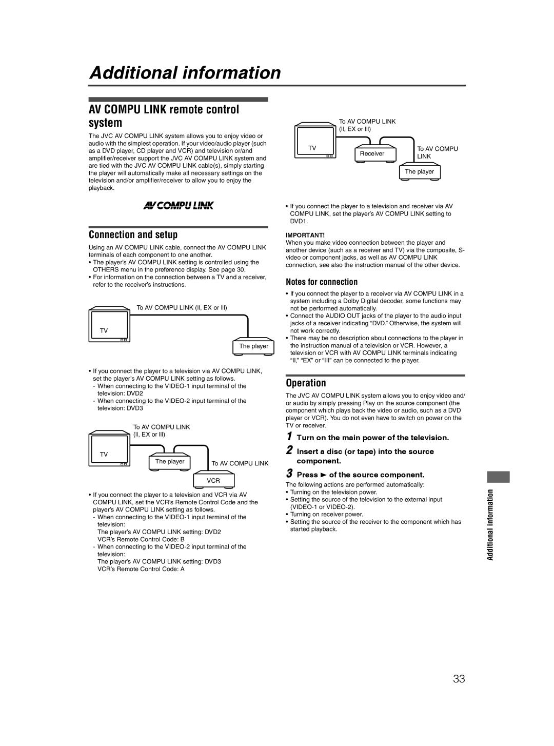 JVC XV-NP10S manual Additional information, AV Compu Link remote control system, Connection and setup, Operation 