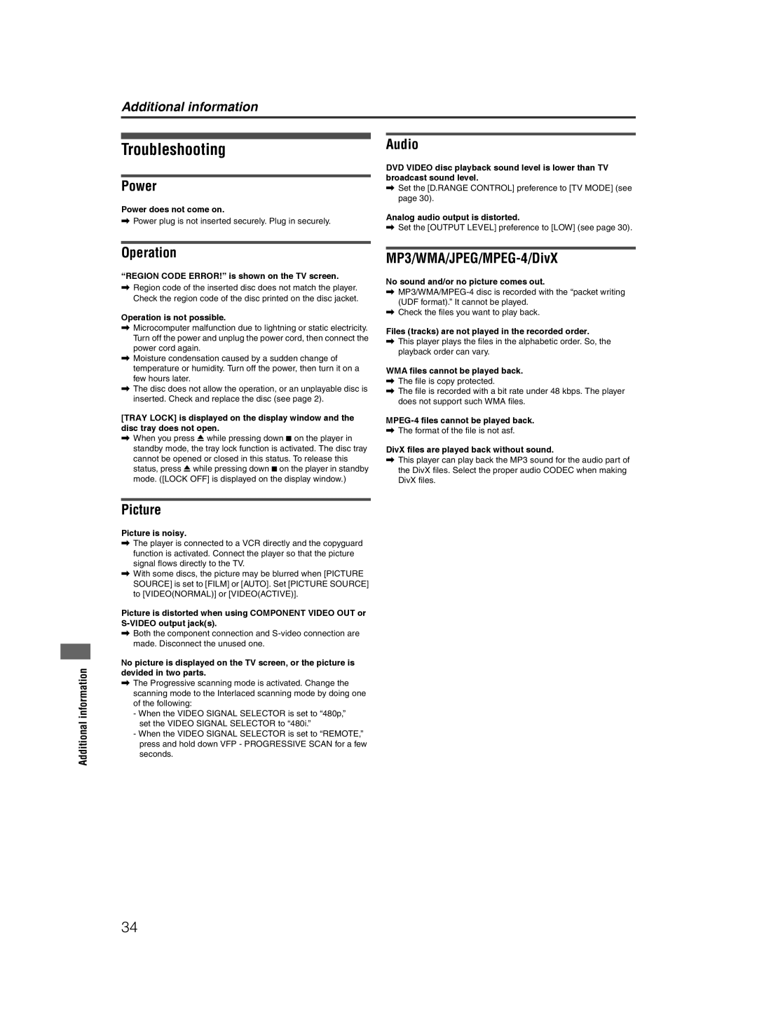 JVC XV-NP10S manual Troubleshooting, Power, Audio, MP3/WMA/JPEG/MPEG-4/DivX, Picture 