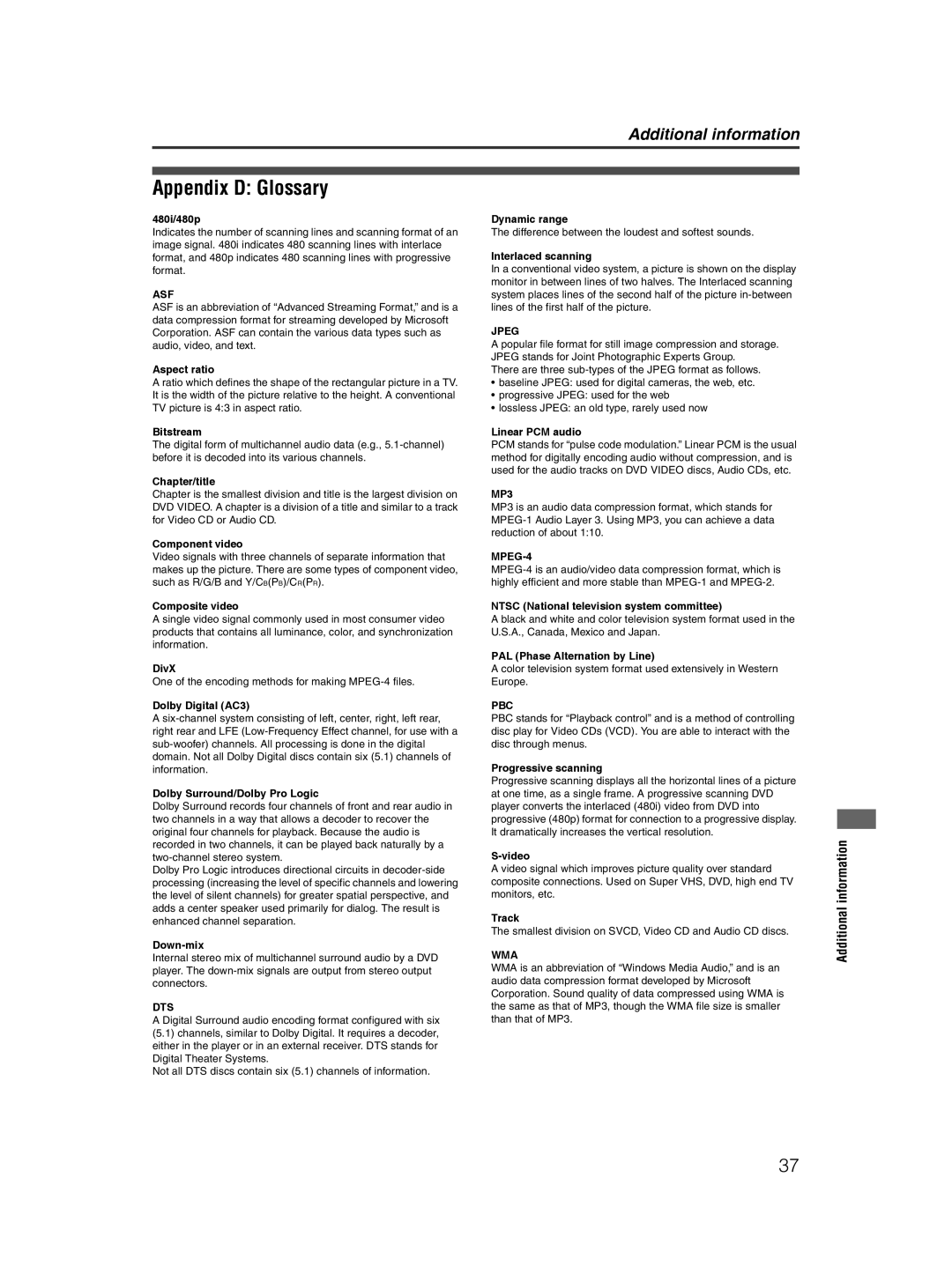 JVC XV-NP10S manual Appendix D Glossary 