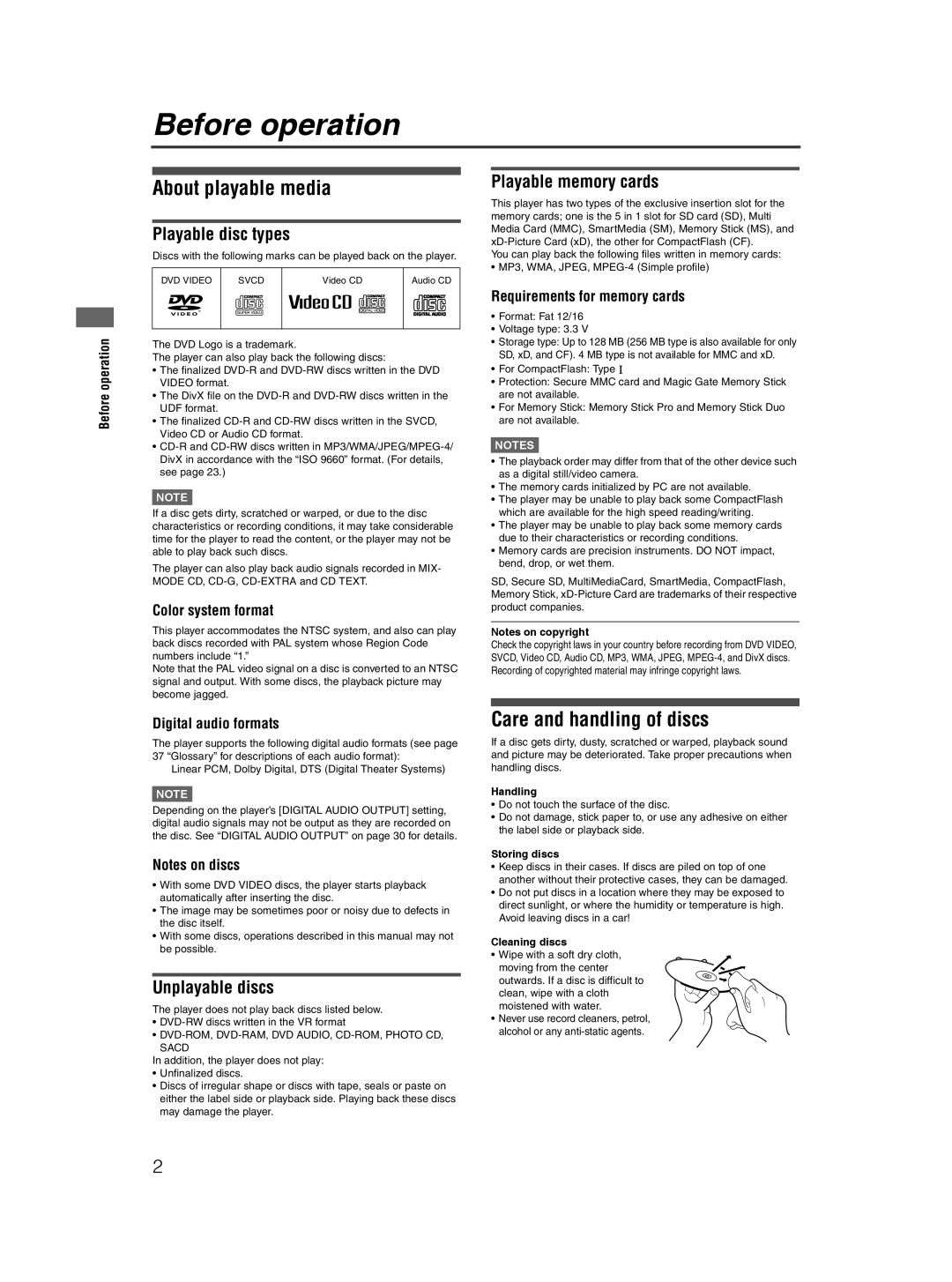 JVC XV-NP10S manual Before operation, About playable media, Care and handling of discs 