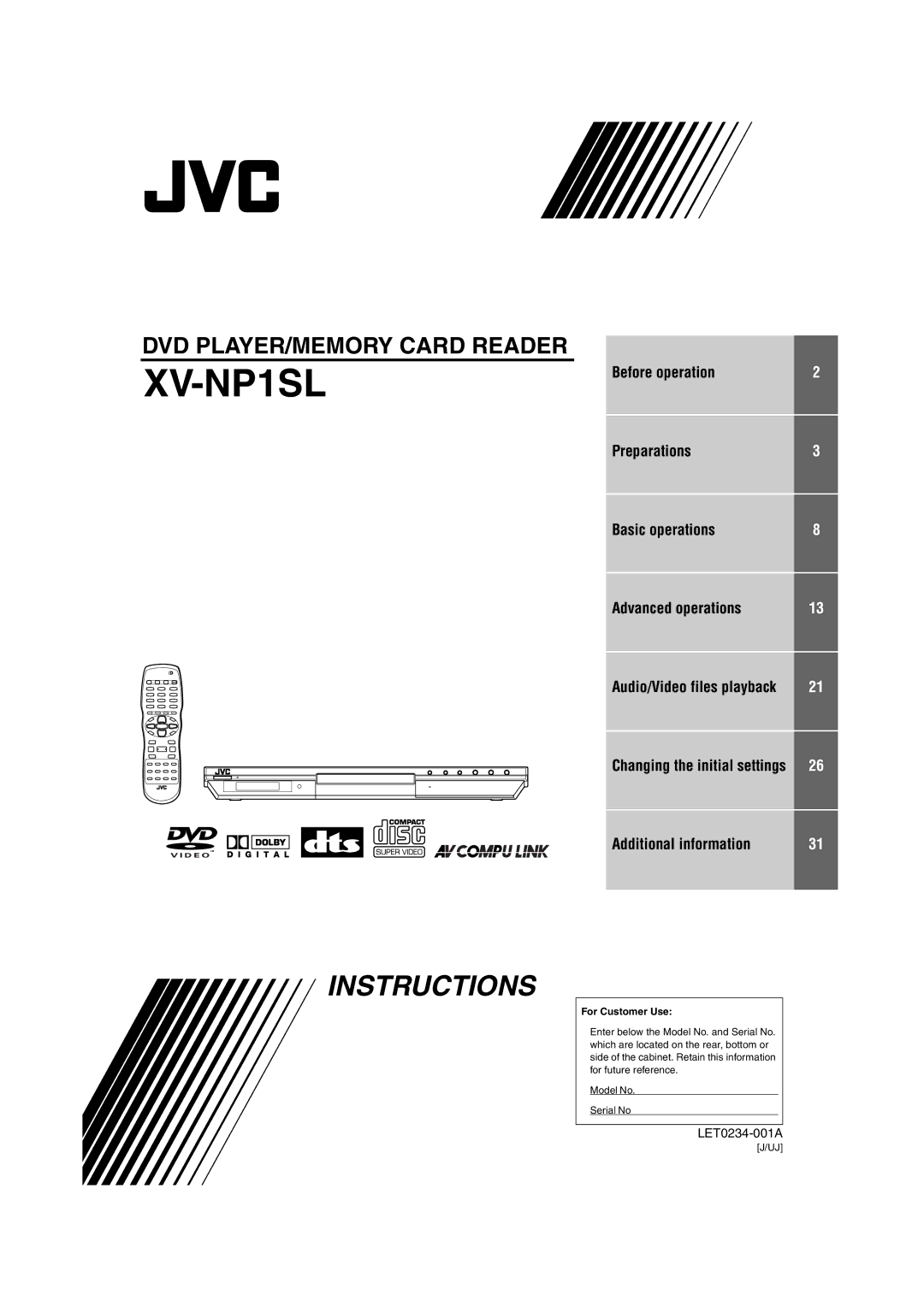 JVC XV-NP1SL manual For Customer Use 