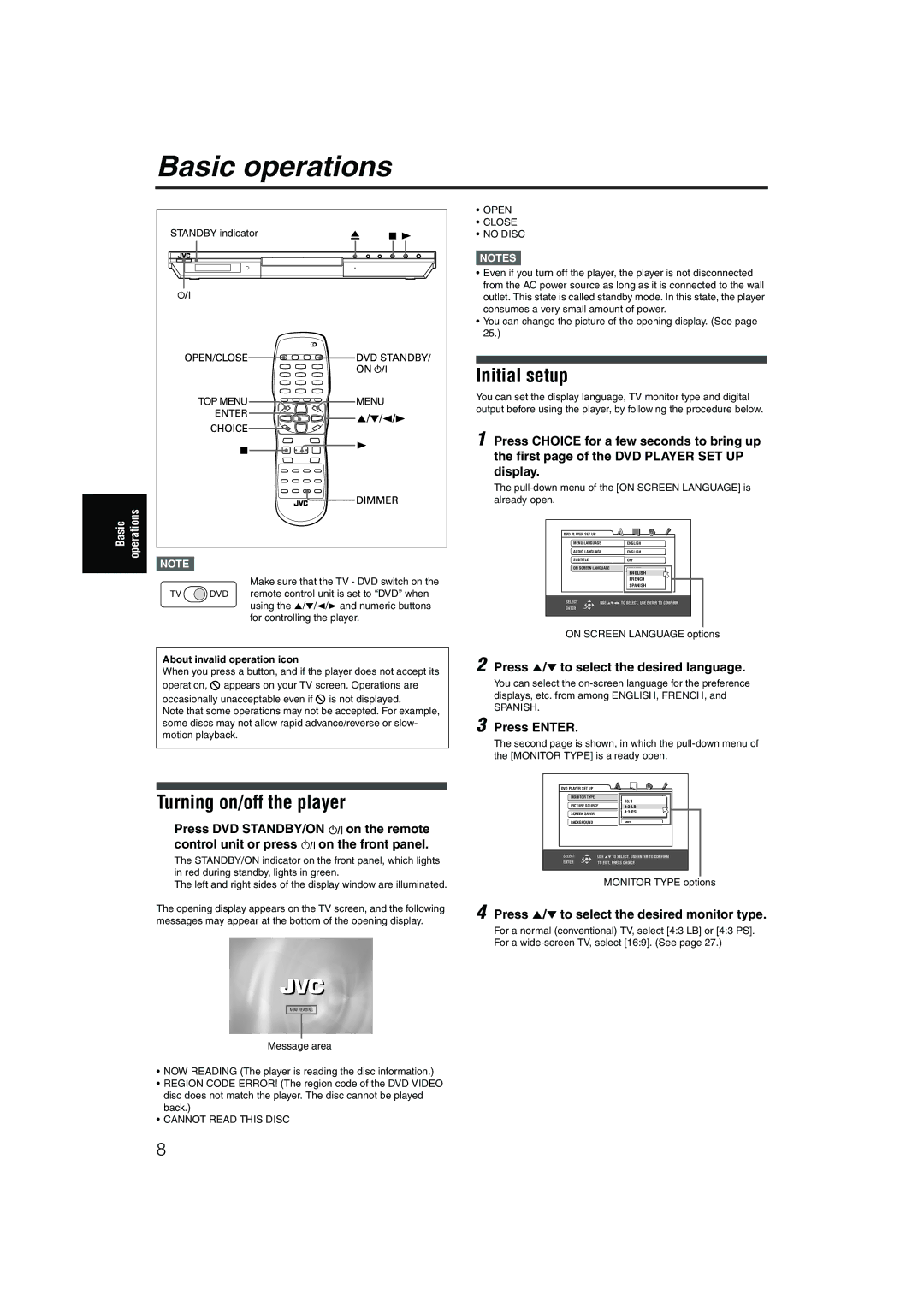 JVC XV-NP1SL manual Basic operations, Turning on/off the player, Initial setup 