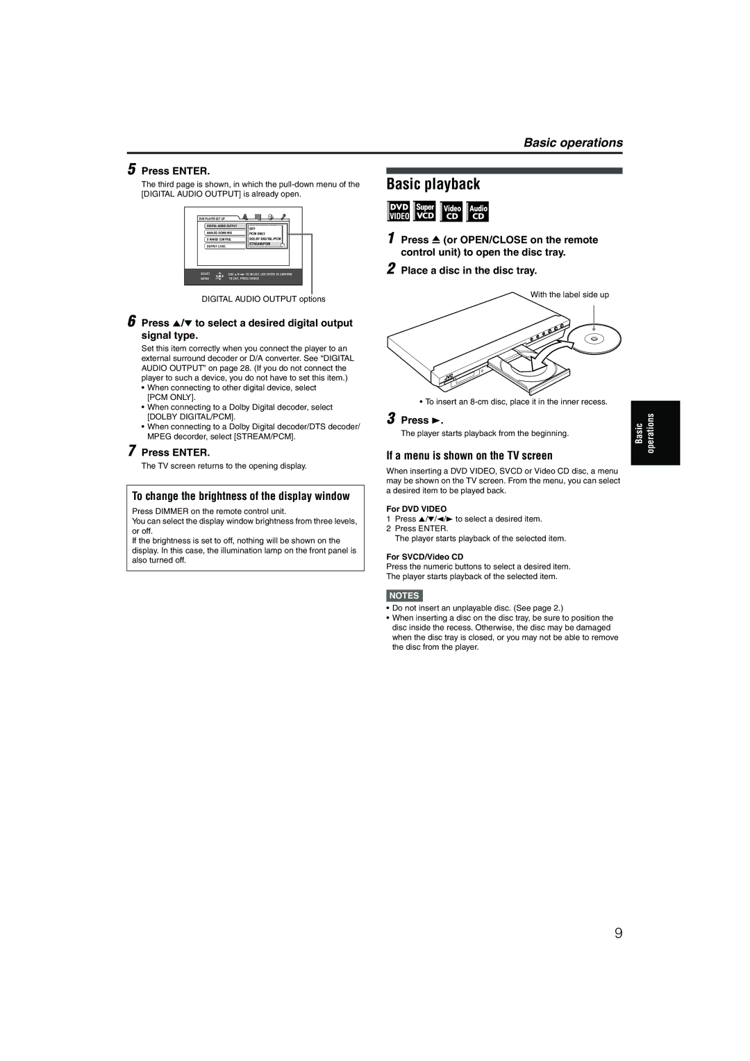 JVC XV-NP1SL Basic playback, If a menu is shown on the TV screen, Press 5/∞ to select a desired digital output signal type 