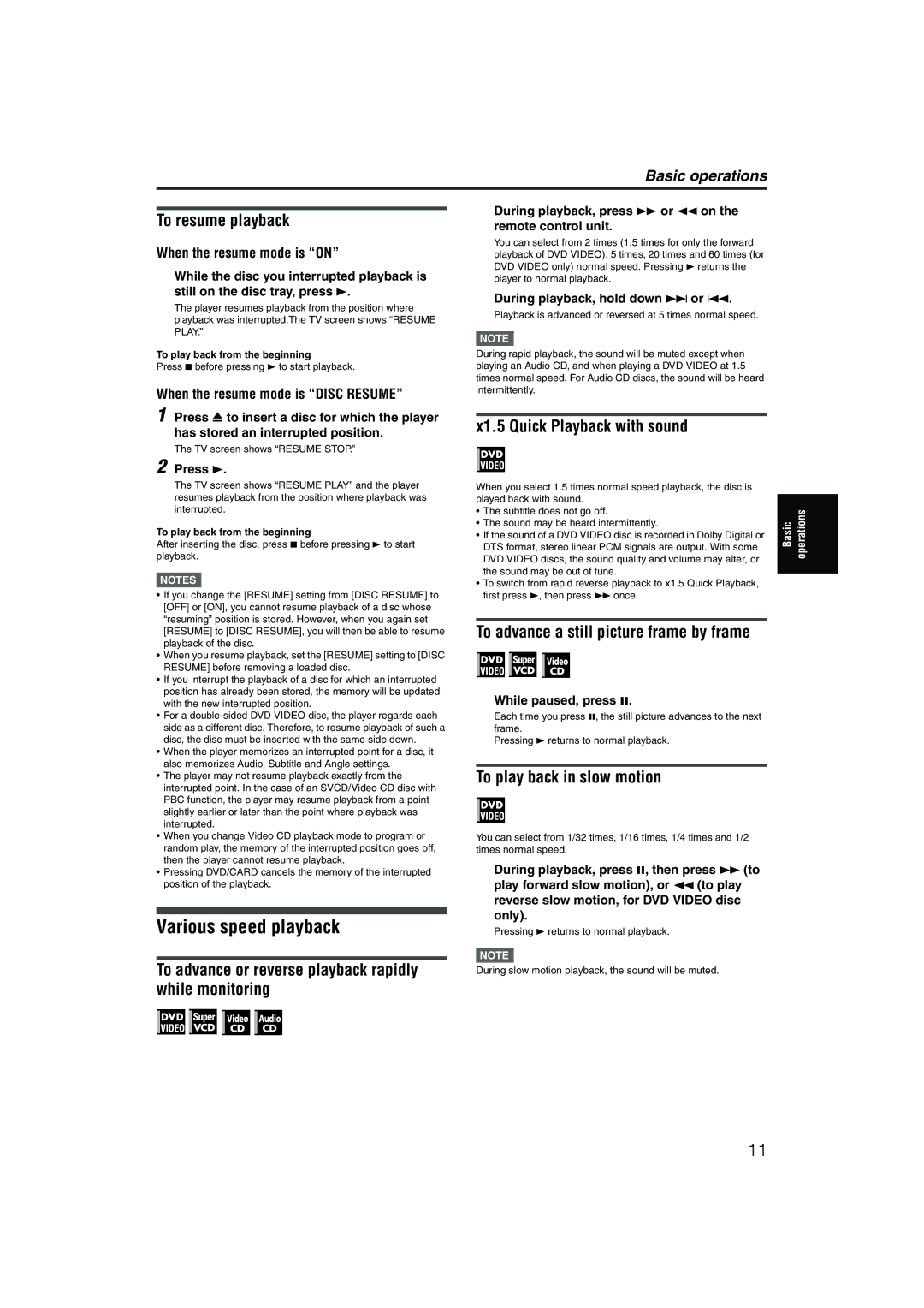 JVC XV-NP1SL manual Various speed playback, To resume playback, To advance or reverse playback rapidly while monitoring 