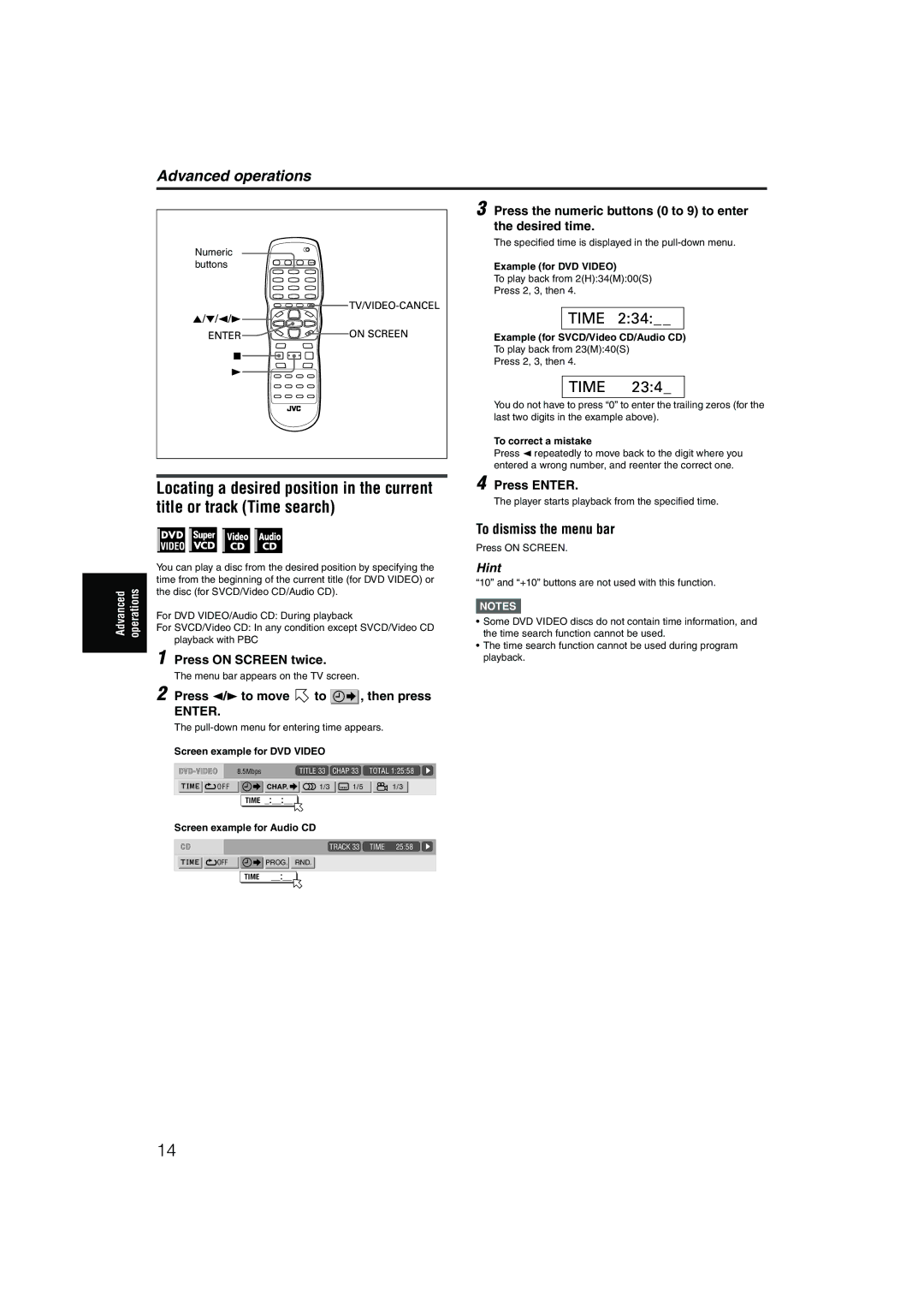 JVC XV-NP1SL manual To dismiss the menu bar, Press the numeric buttons 0 to 9 to enter, Desired time, Press on Screen twice 