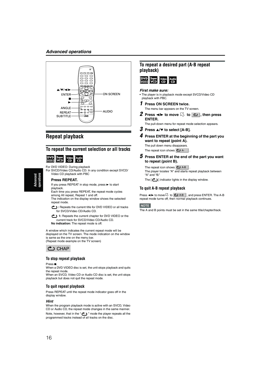 JVC XV-NP1SL manual Repeat playback, To repeat a desired part A-B repeat playback, To stop repeat playback 