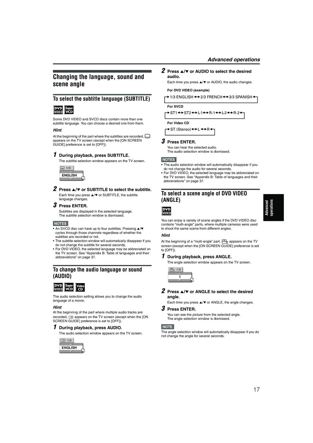 JVC XV-NP1SL manual Scene angle, To change the audio language or sound Audio, To select a scene angle of DVD Video Angle 