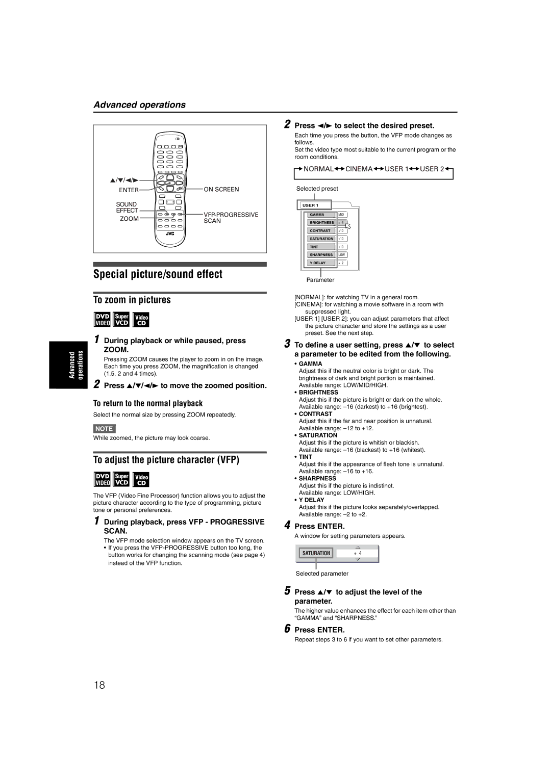 JVC XV-NP1SL manual Special picture/sound effect, To zoom in pictures, To adjust the picture character VFP 