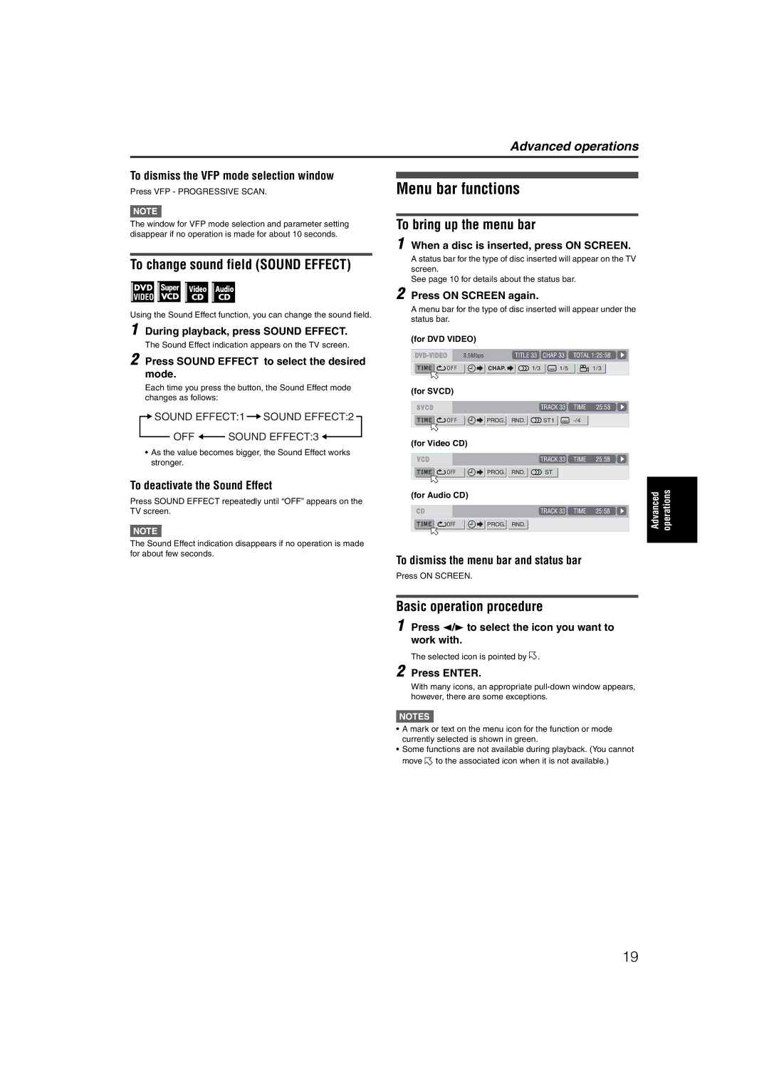 JVC XV-NP1SL Menu bar functions, To change sound field Sound Effect, To bring up the menu bar, Basic operation procedure 