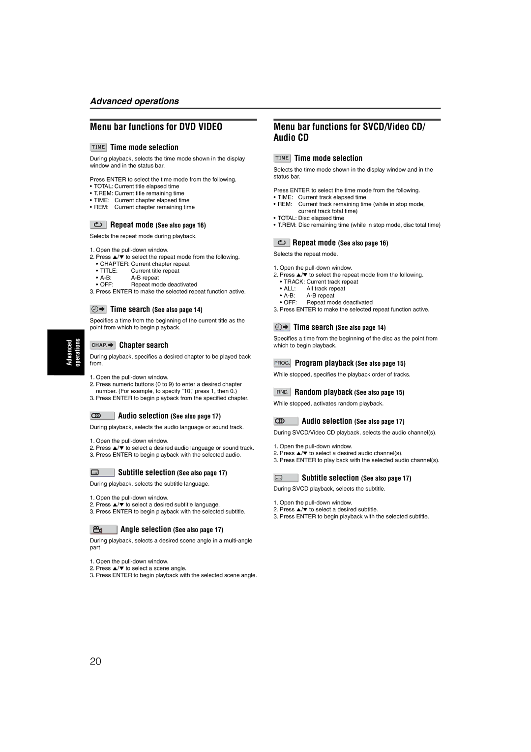 JVC XV-NP1SL manual Menu bar functions for DVD Video, Menu bar functions for SVCD/Video CD/ Audio CD 