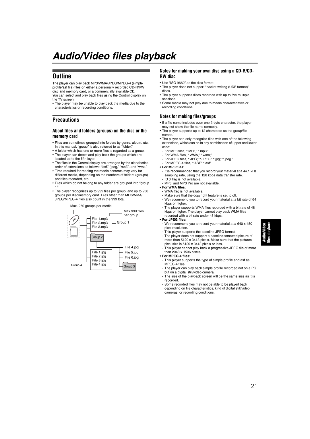 JVC XV-NP1SL manual Audio/Video files playback, Outline, Precautions 