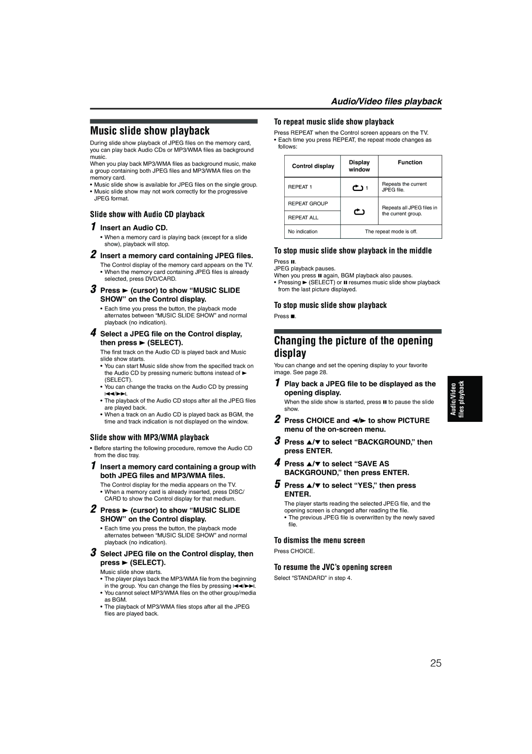 JVC XV-NP1SL manual Music slide show playback, Changing the picture of the opening display 