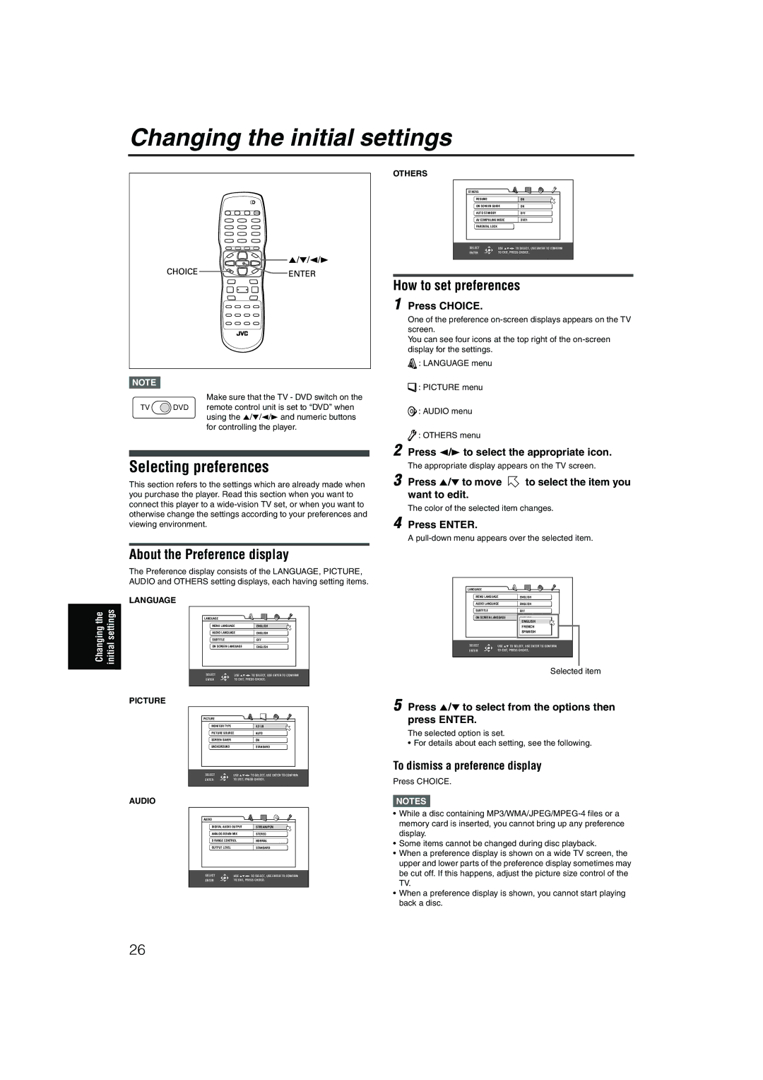 JVC XV-NP1SL Changing the initial settings, Selecting preferences, How to set preferences, About the Preference display 