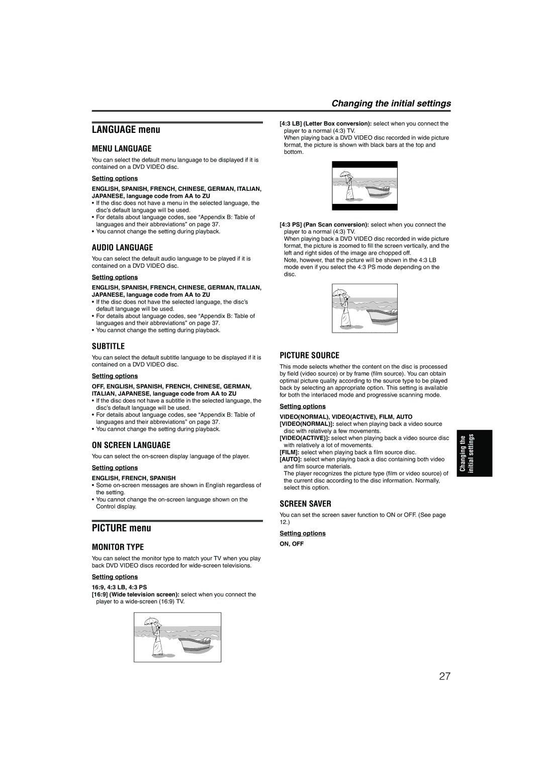 JVC XV-NP1SL manual Language menu, Picture menu, ENGLISH, FRENCH, Spanish, On, Off 