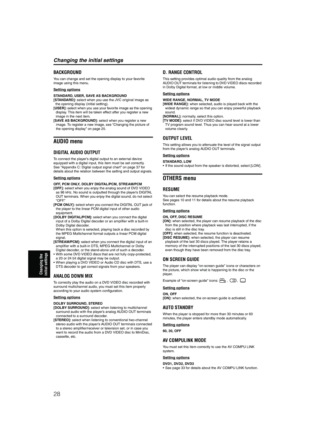 JVC XV-NP1SL manual Audio menu, Others menu 