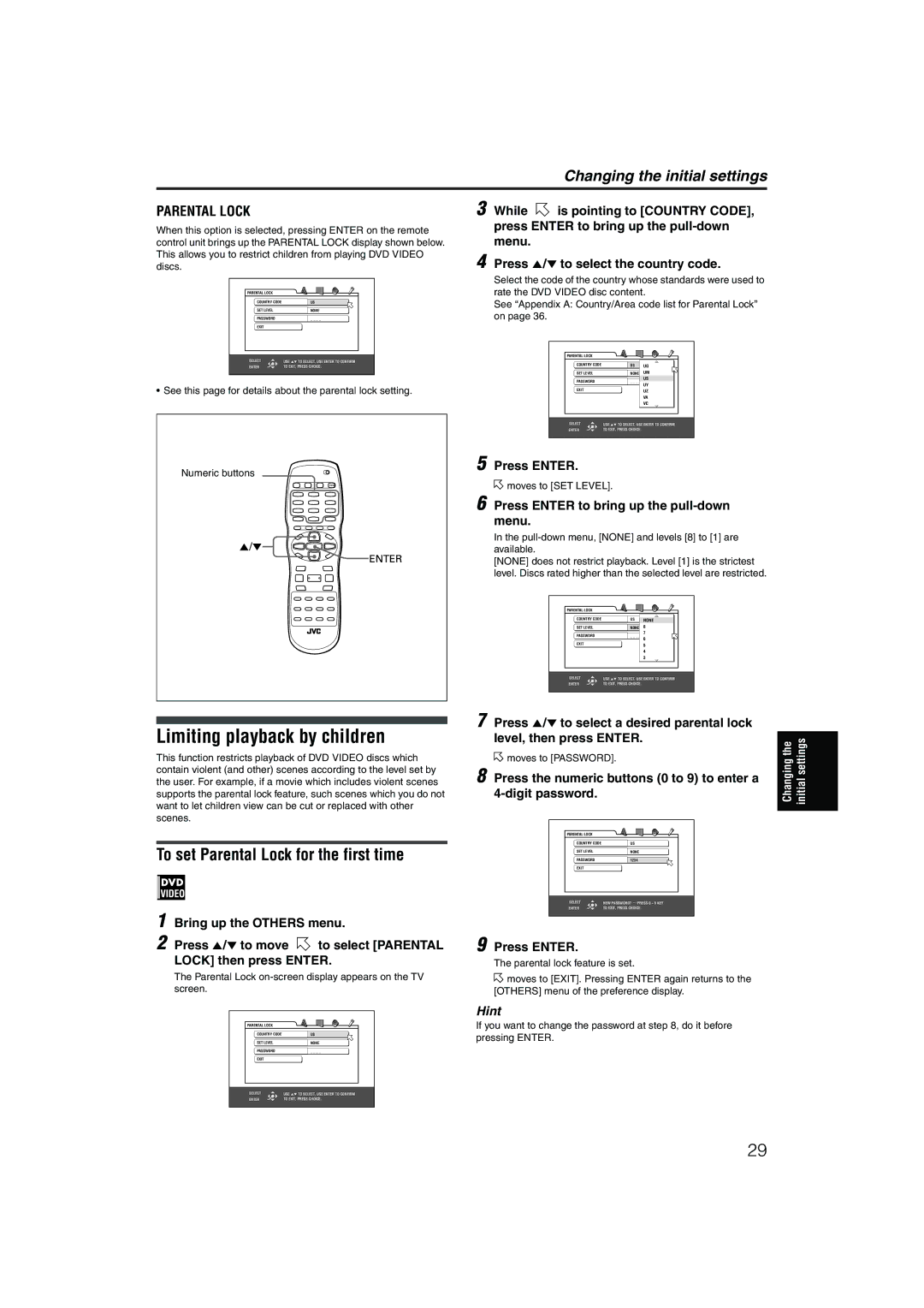 JVC XV-NP1SL manual Limiting playback by children, To set Parental Lock for the first time, Bring up the Others menu 