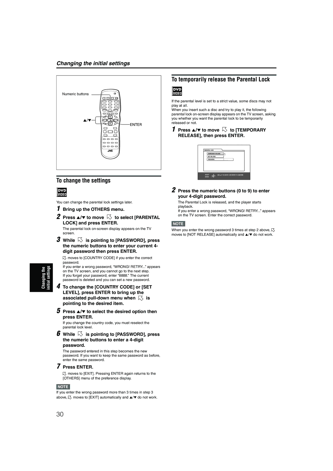 JVC XV-NP1SL Press 5/∞ to move to Temporary RELEASE, then press Enter, You can change the parental lock settings later 