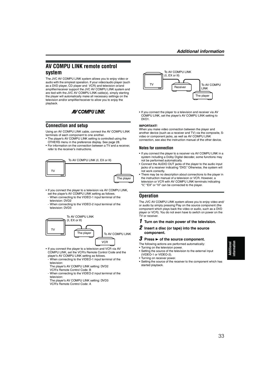 JVC XV-NP1SL manual AV Compu Link remote control system, Connection and setup, Operation, Vcr 