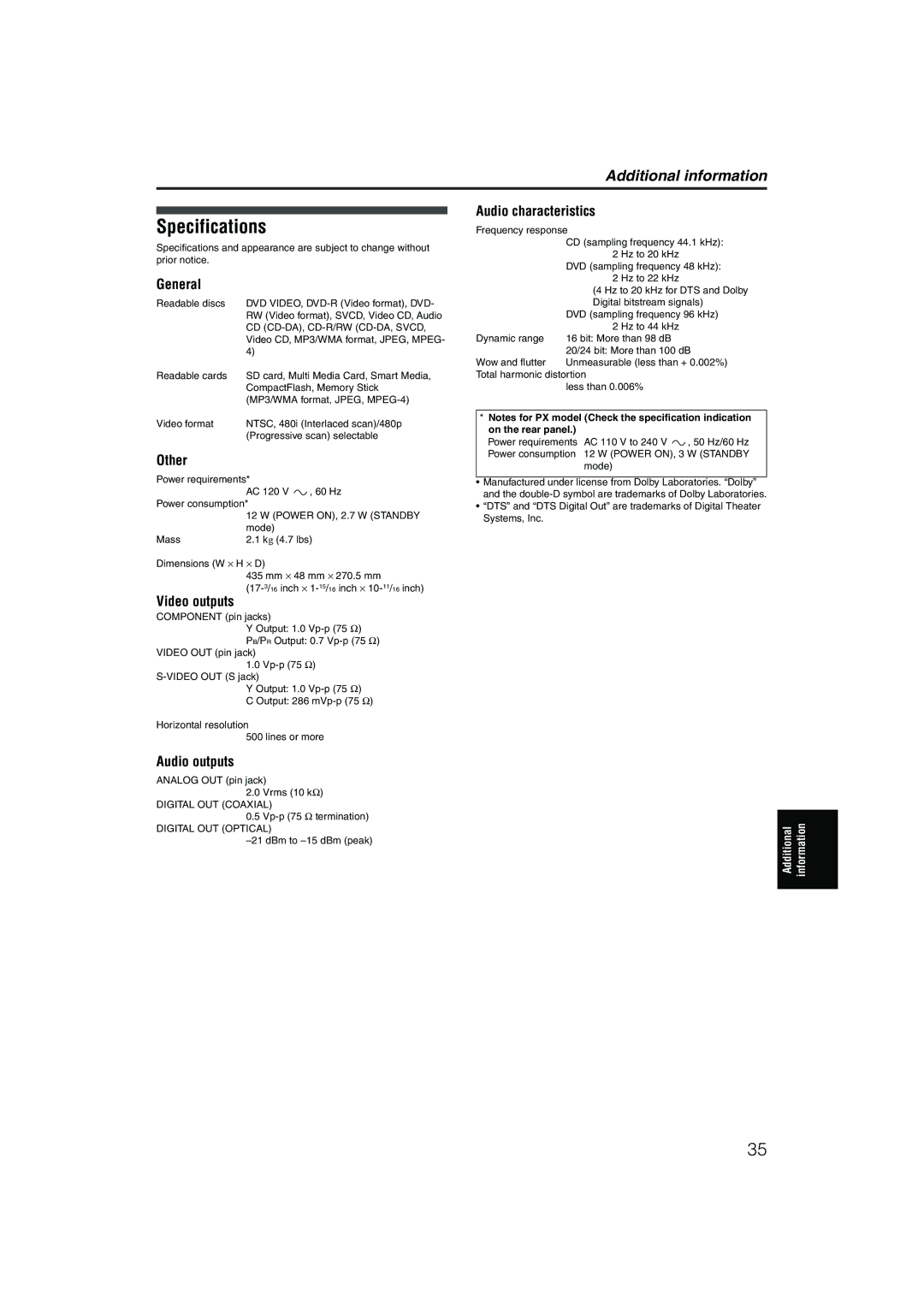 JVC XV-NP1SL manual Specifications 