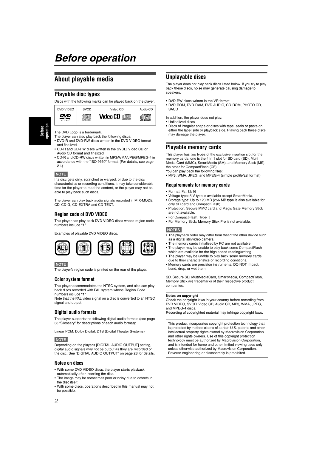 JVC XV-NP1SL manual Before operation, About playable media, Playable disc types, Unplayable discs, Playable memory cards 