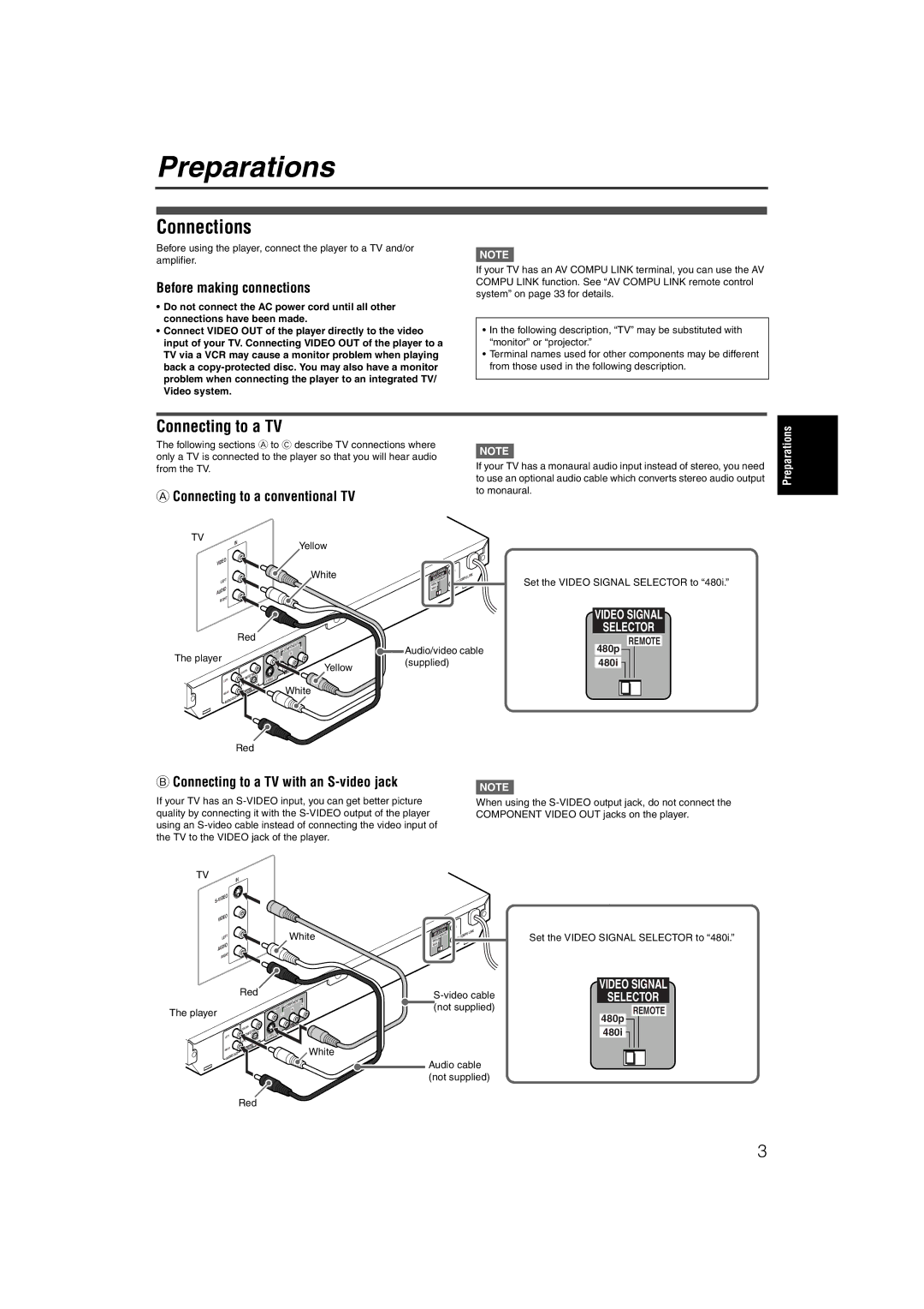 JVC XV-NP1SL manual Preparations, Connections, Connecting to a TV 