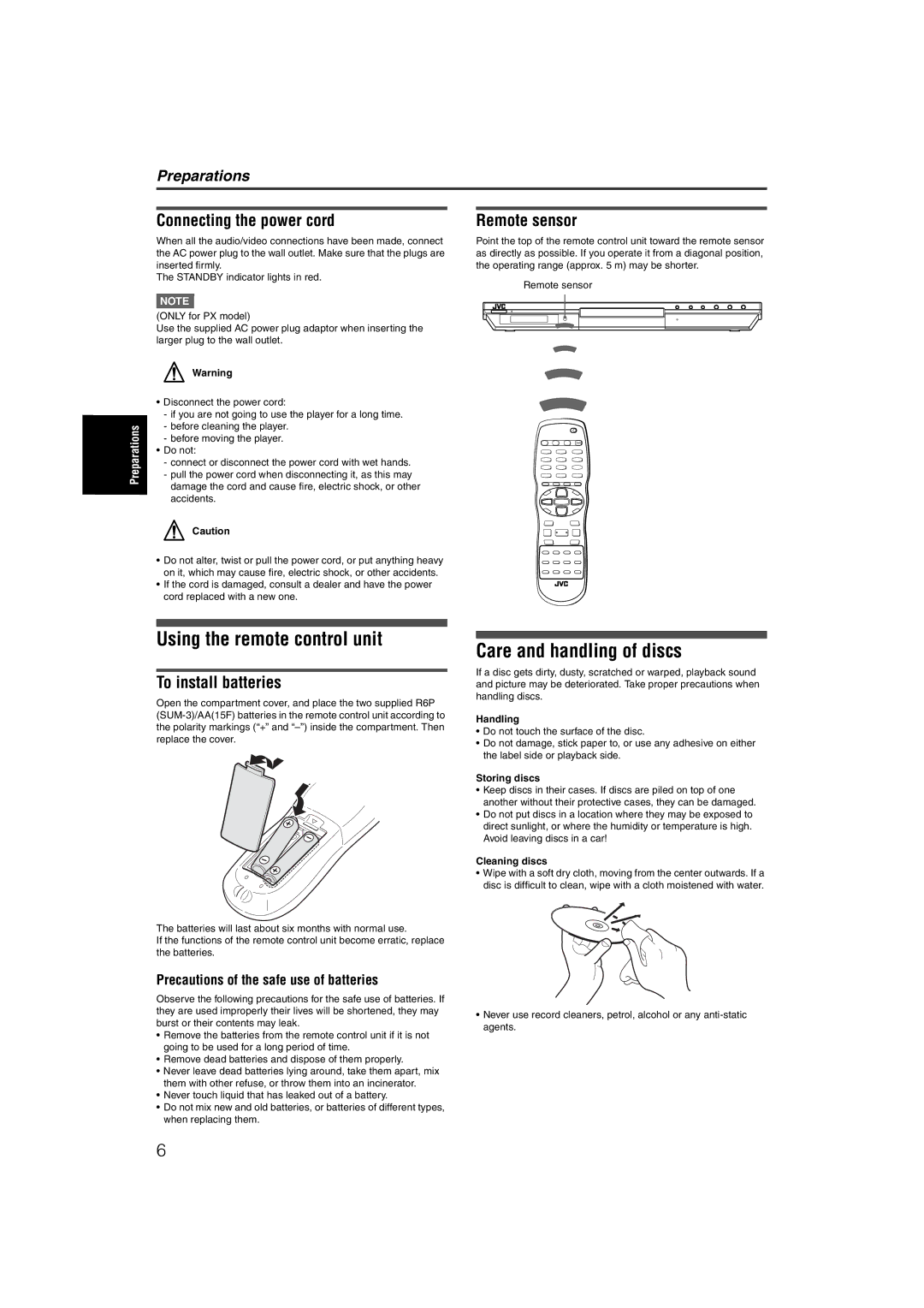 JVC XV-NP1SL manual Using the remote control unit, Care and handling of discs, Connecting the power cord, Remote sensor 