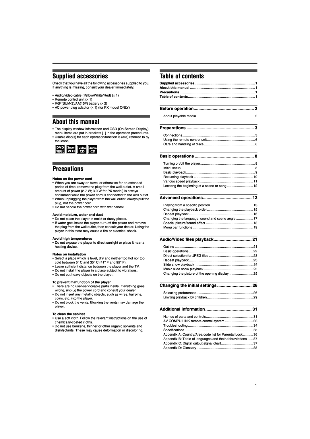 JVC XV-NP1SL Supplied accessories, About this manual, Table of contents, Precautions, Before operation, Preparations 
