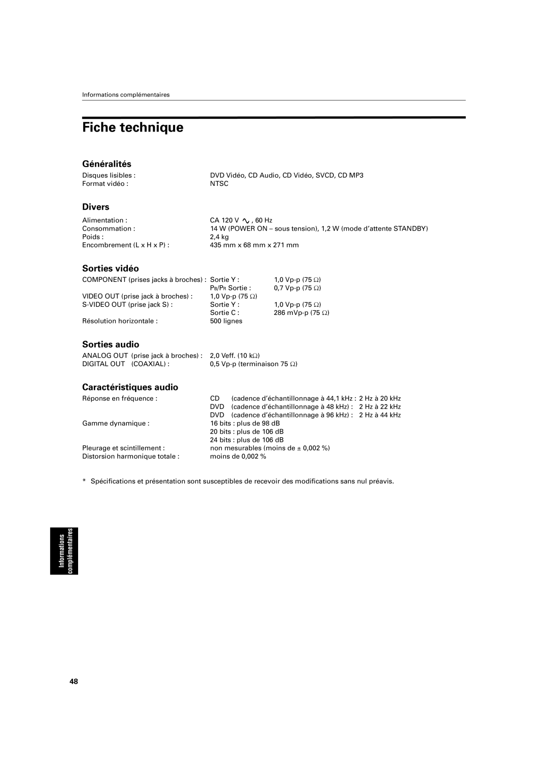 JVC XV-S200 manual Fiche technique 