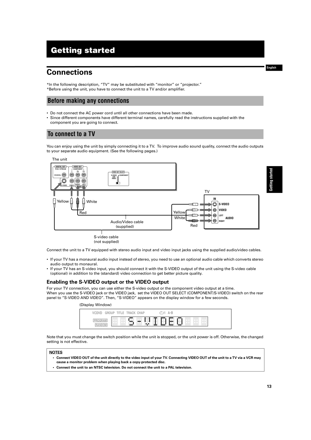 JVC XV-S200 manual Getting started, Connections, Before making any connections, To connect to a TV 