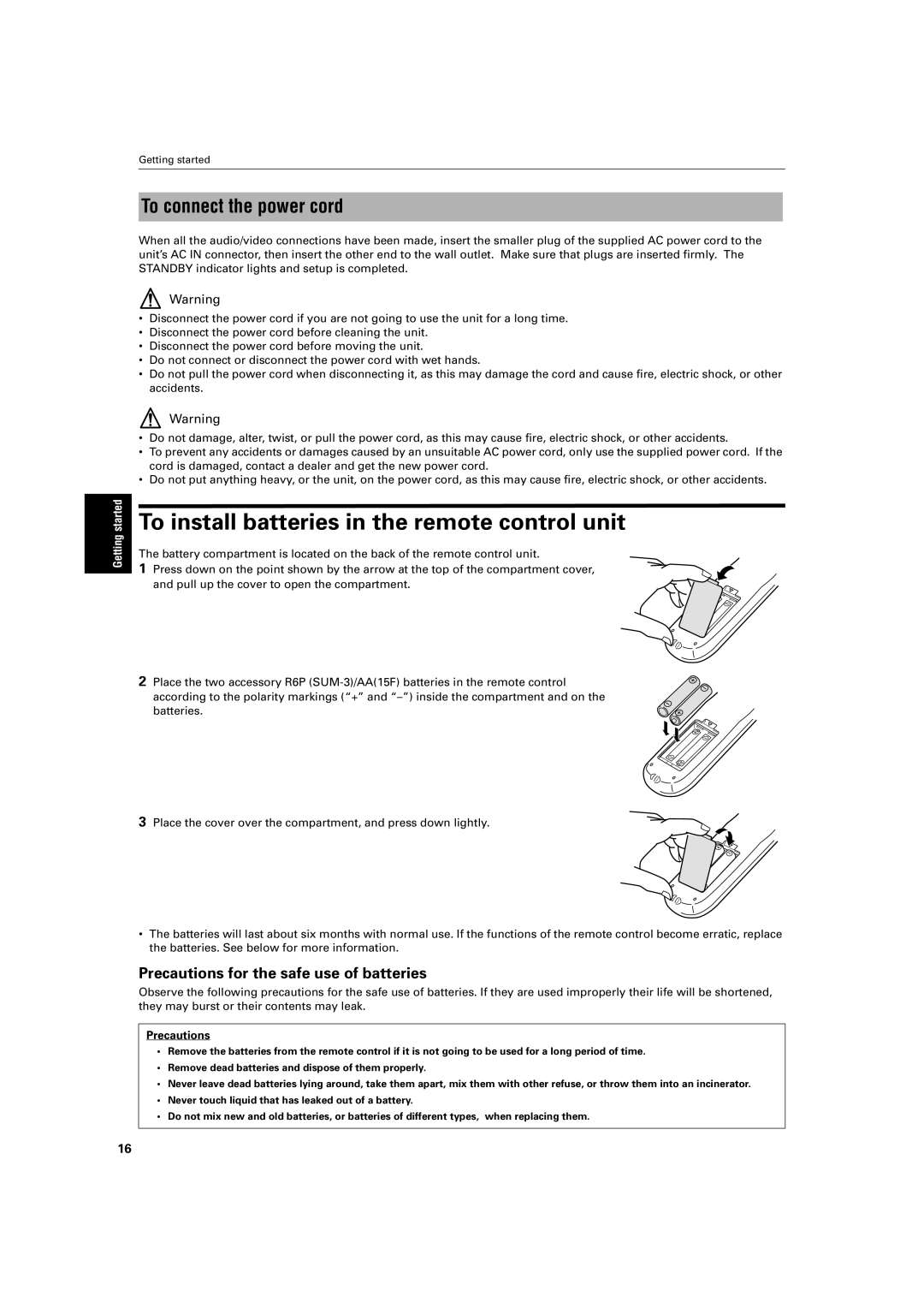 JVC XV-S200 manual To install batteries in the remote control unit, To connect the power cord, Precautions 