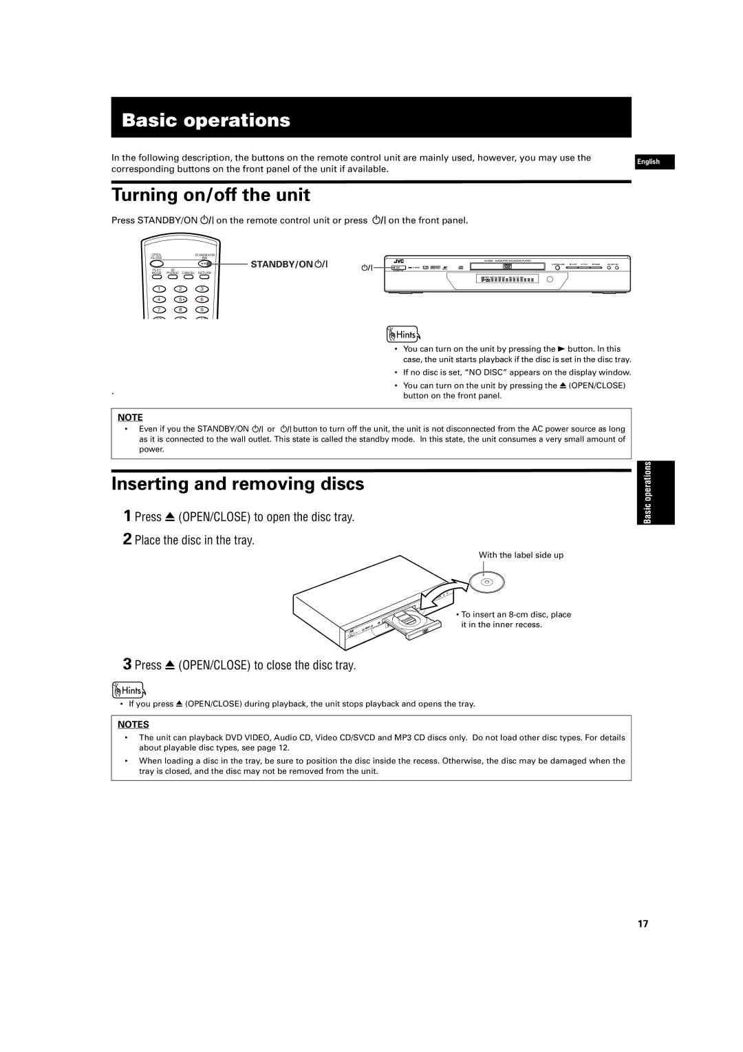 JVC XV-S200 manual Basic operations, Turning on/off the unit, Inserting and removing discs, Standby/On 